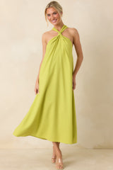 Citrus Kisses Chartreuse Linen Blend Halter Midi Dress