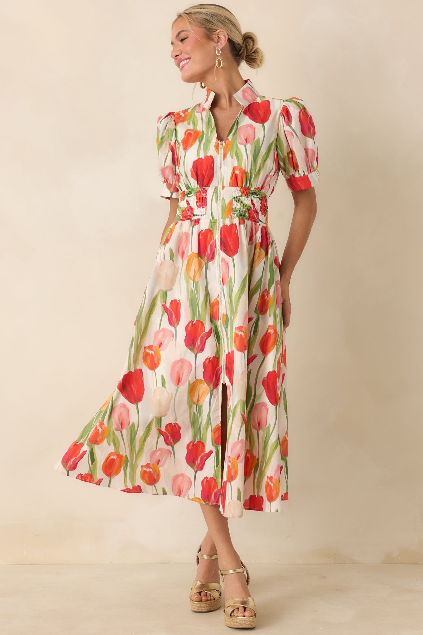 Talking Among the Tulips Ivory & Red Multi Floral Cotton Midi Dress