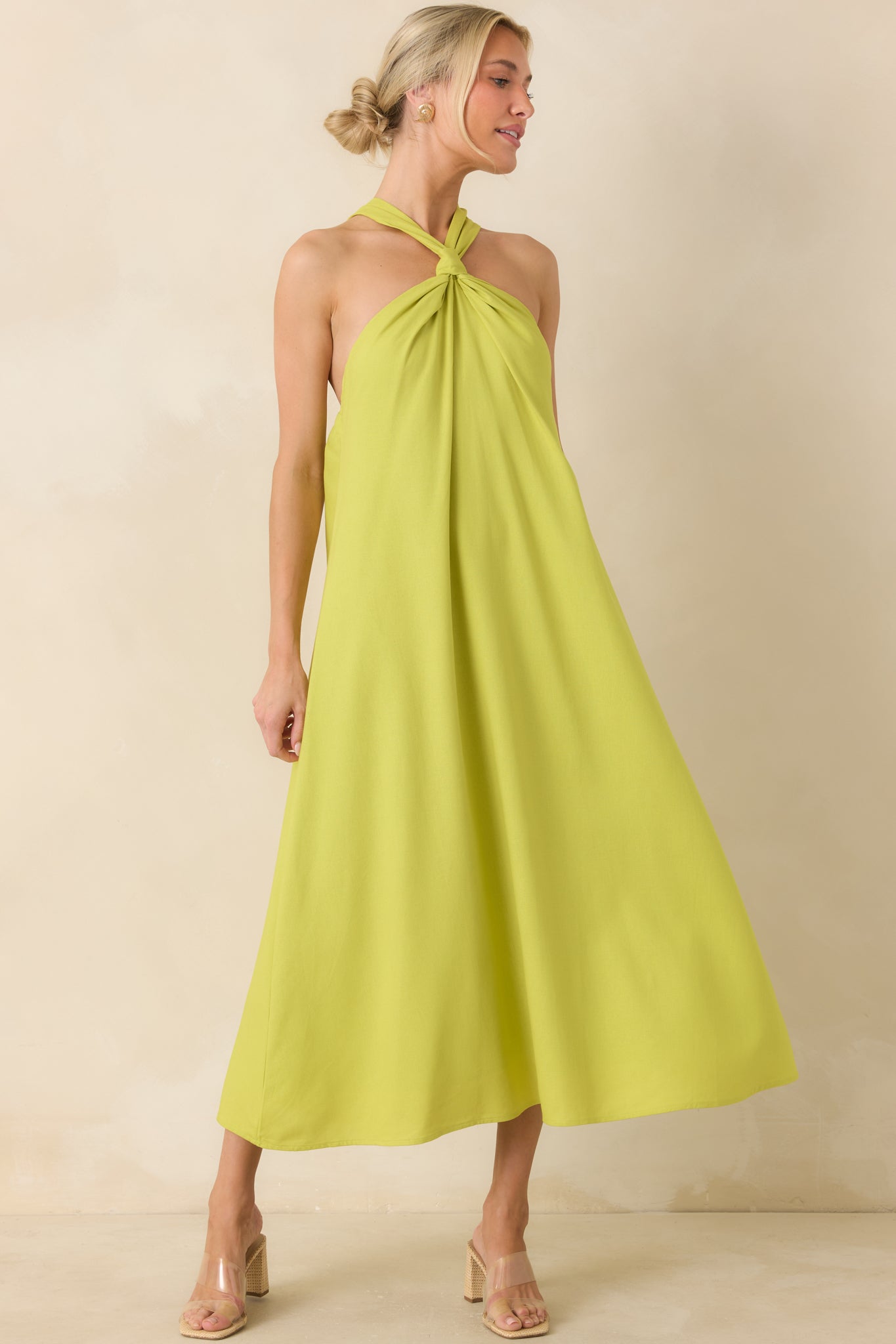 Citrus Kisses Chartreuse Linen Blend Halter Midi Dress