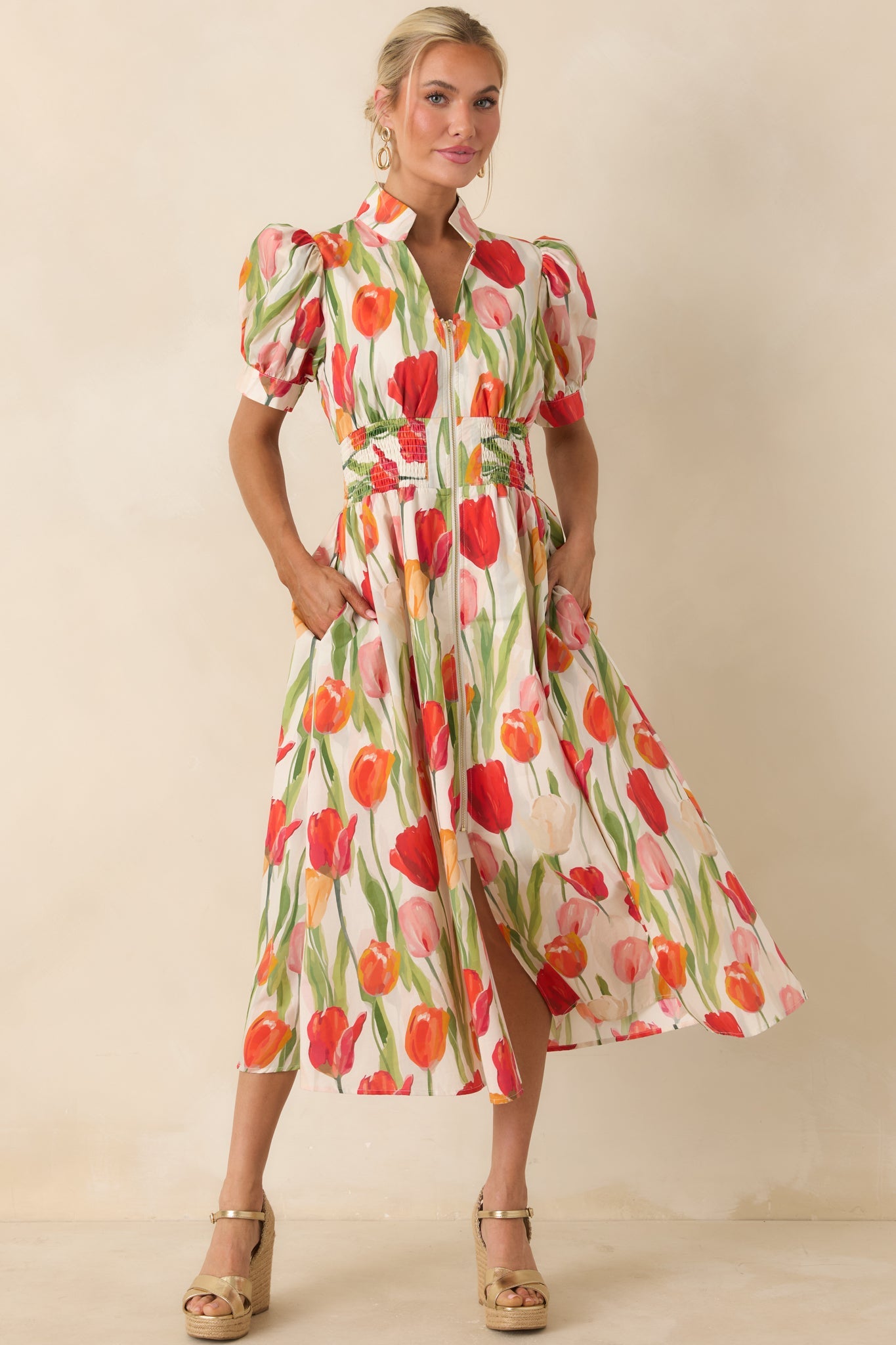 Talking Among the Tulips Ivory & Red Multi Floral Cotton Midi Dress