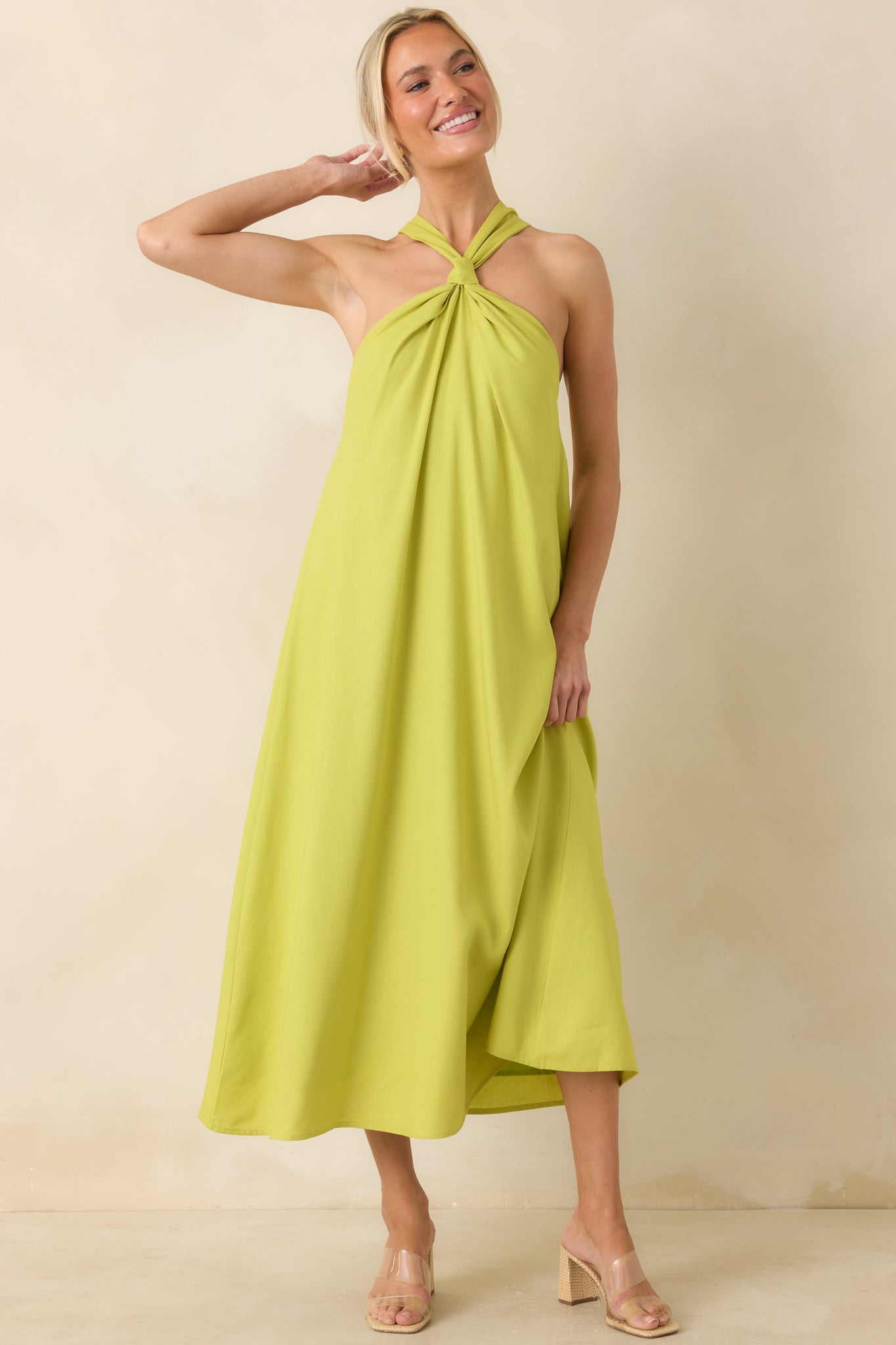 Citrus Kisses Chartreuse Linen Blend Halter Midi Dress