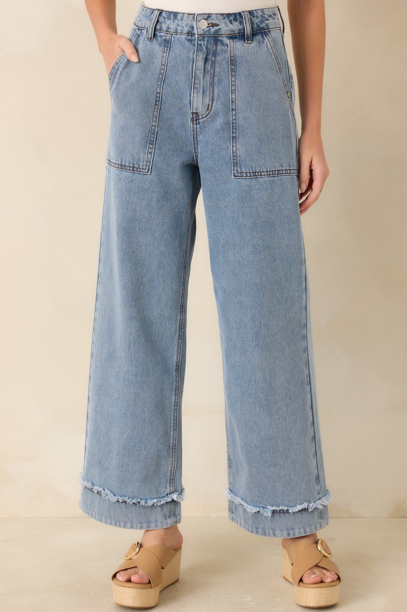 FRNCH Saphira Light Wash Cotton Denim Wide Leg Jeans