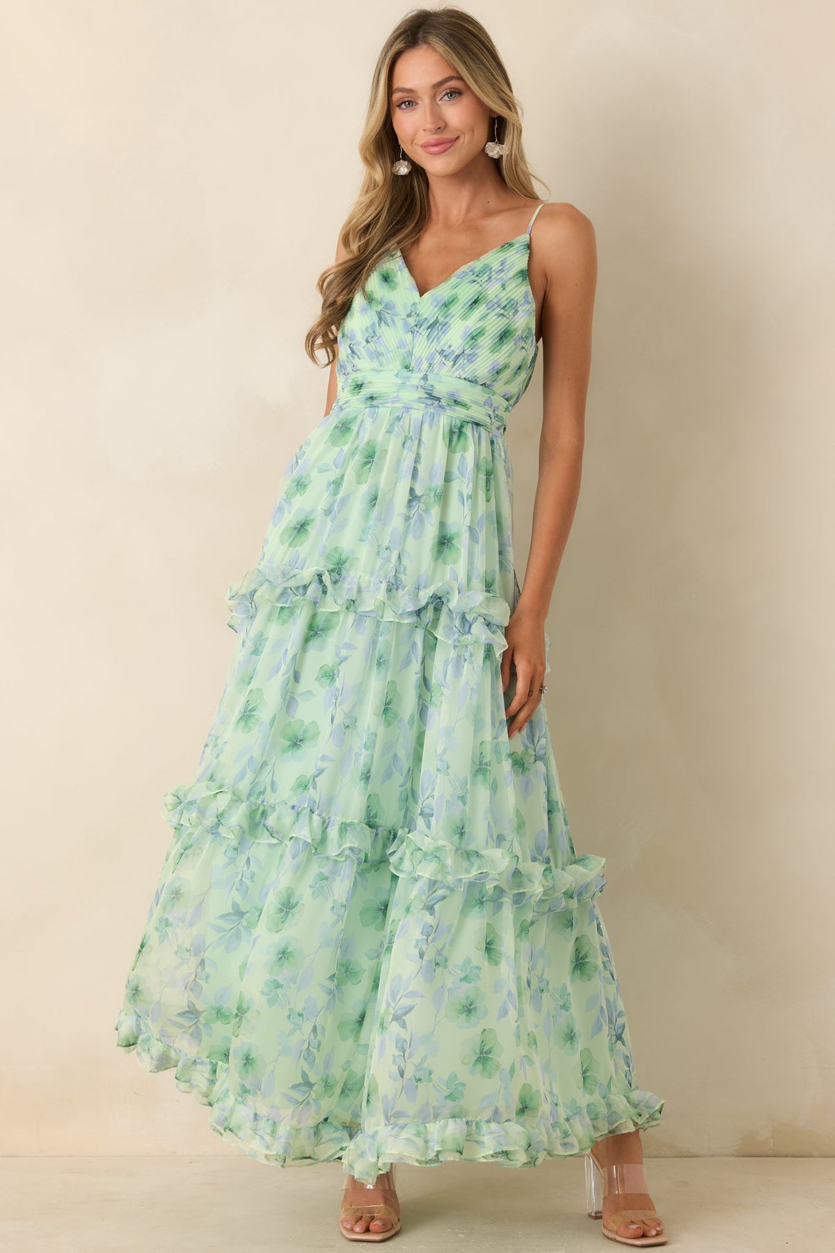 ASTR The Label Ayanna Green Floral Ruffle Maxi Dress