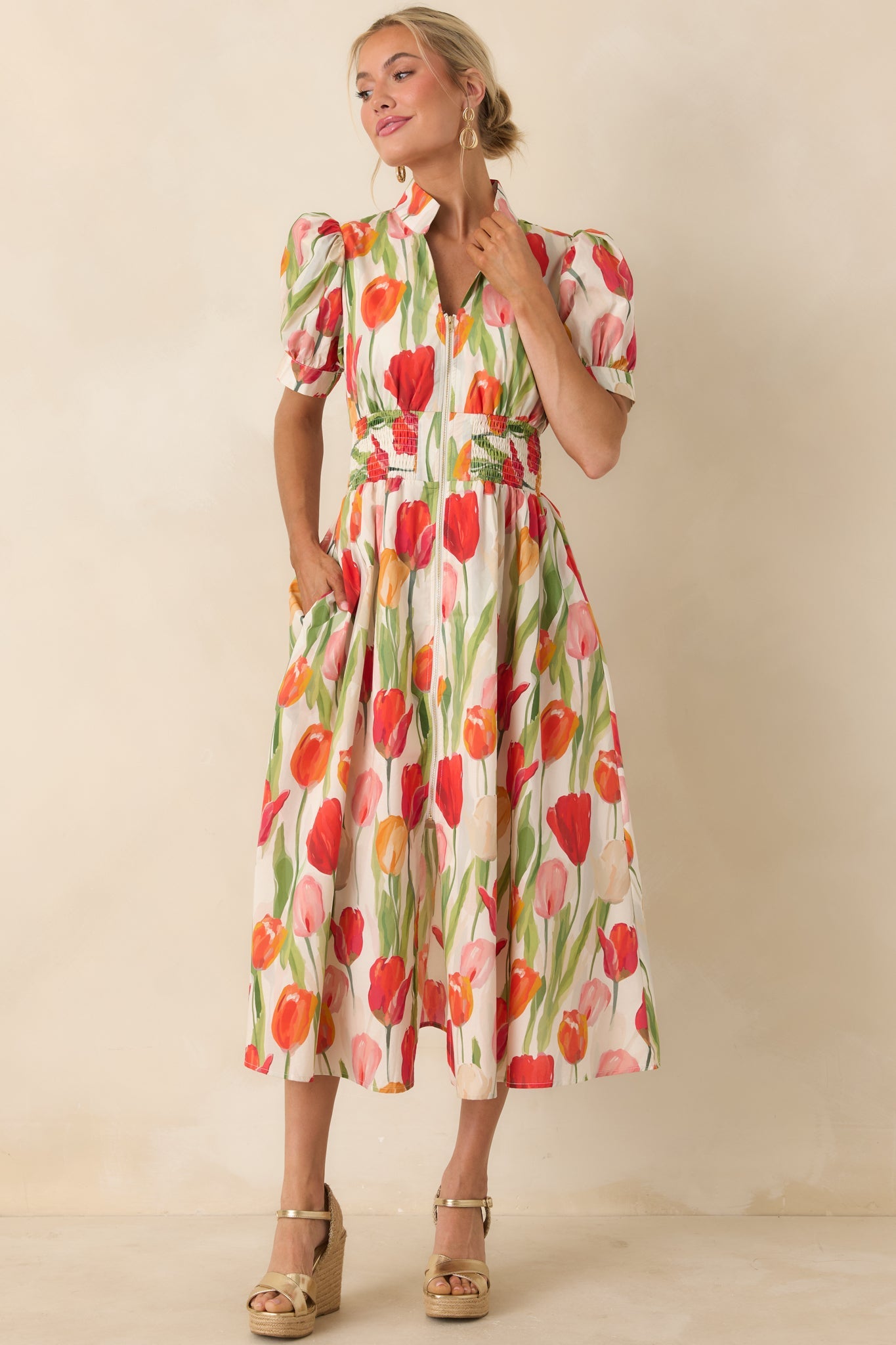 Talking Among the Tulips Ivory & Red Multi Floral Cotton Midi Dress