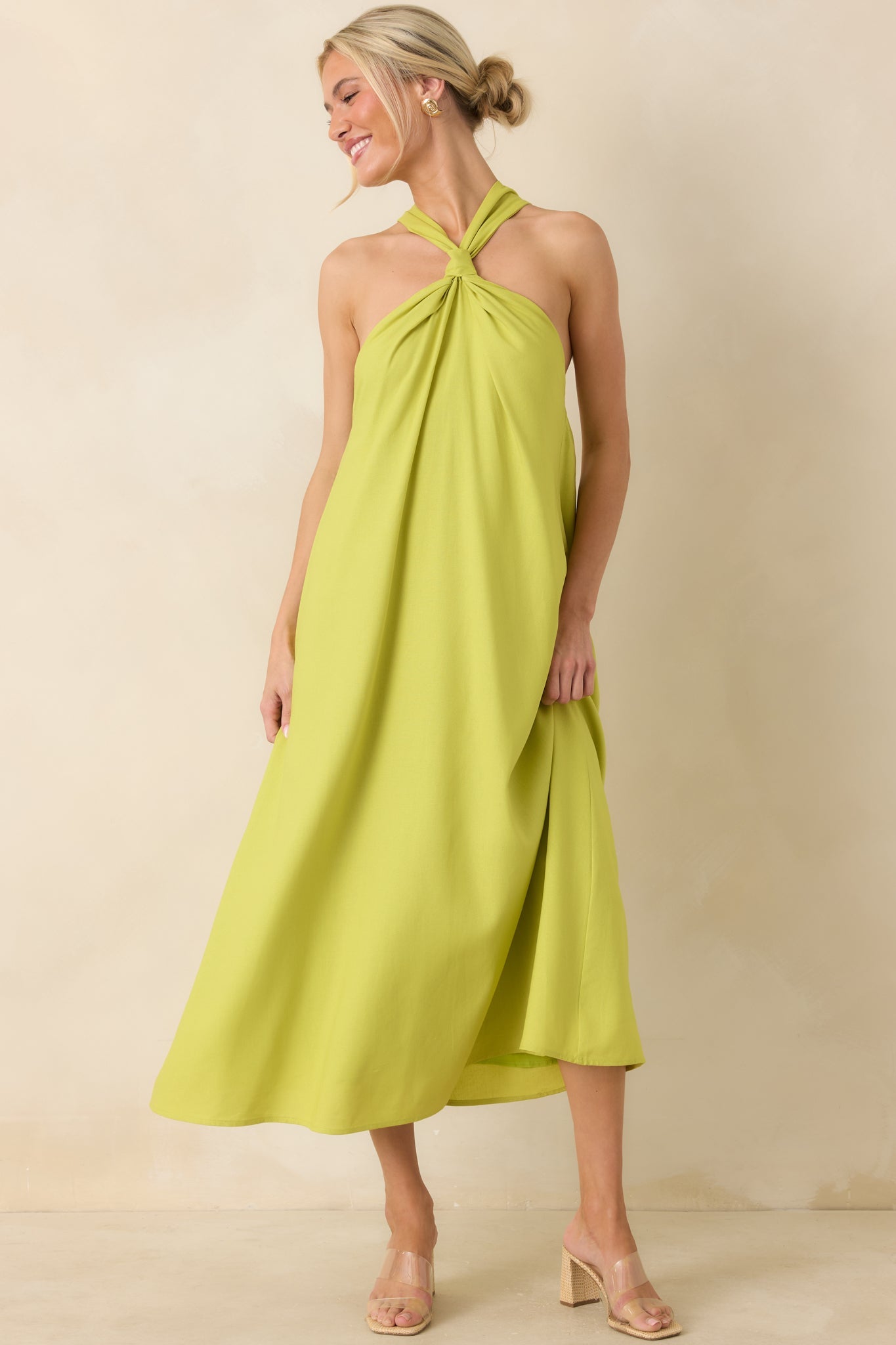 Citrus Kisses Chartreuse Linen Blend Halter Midi Dress