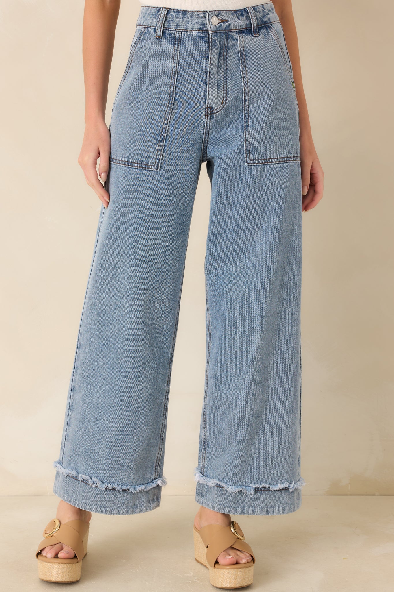 FRNCH Saphira Light Wash Cotton Denim Wide Leg Jeans