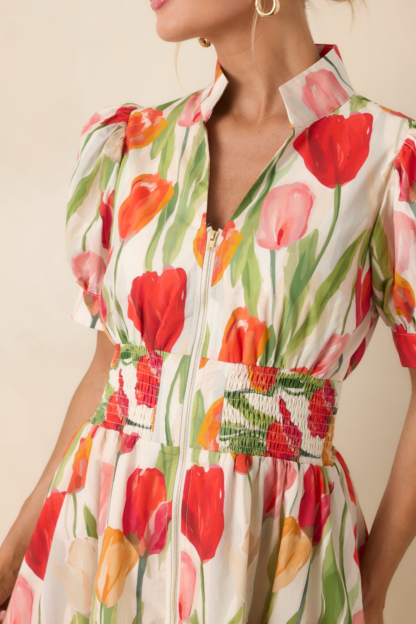 Talking Among the Tulips Ivory & Red Multi Floral Cotton Midi Dress
