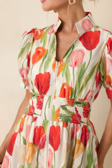 Talking Among the Tulips Ivory & Red Multi Floral Cotton Midi Dress