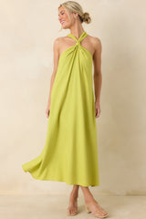 Citrus Kisses Chartreuse Linen Blend Halter Midi Dress
