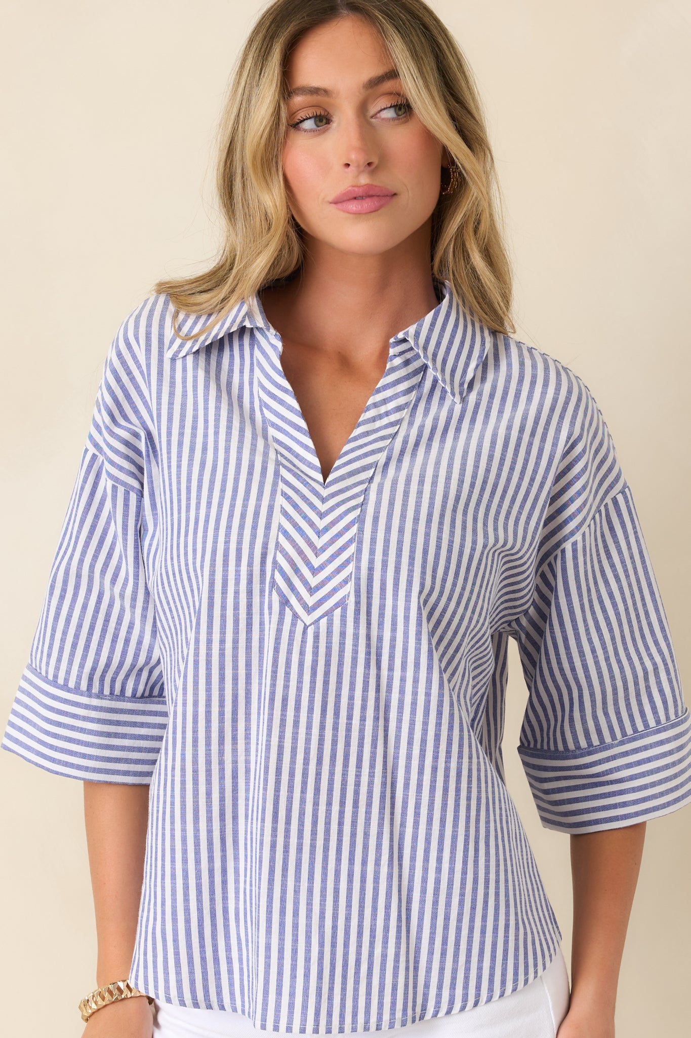 Leading Lines Blue Stripe Collared V-Neck Blouse