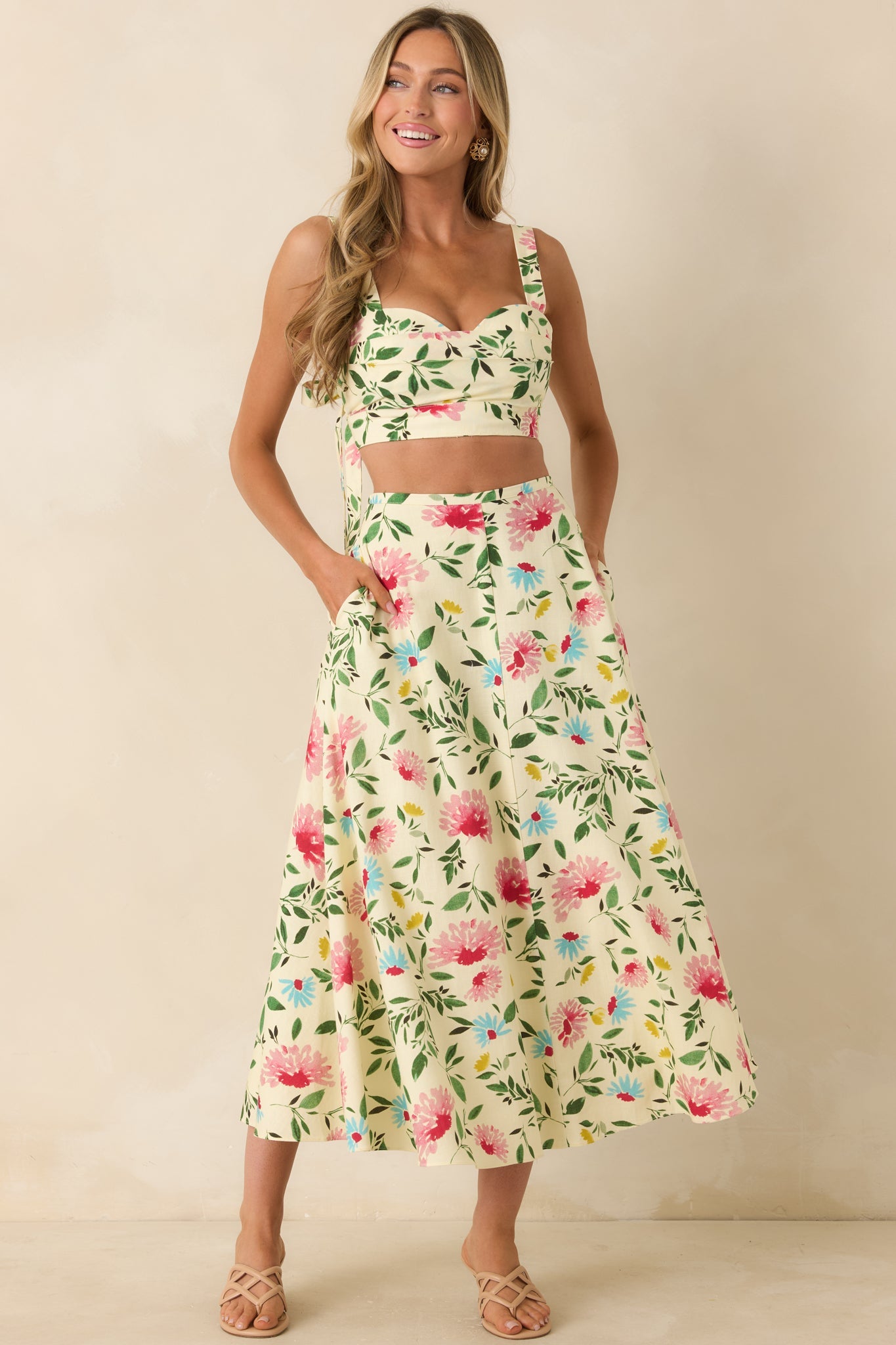 ASTR The Label Yellow Multi Floral Midi Skirt