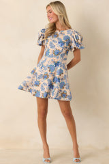 MINKPINK Lucia Blue Floral Puff Sleeve Mini Dress