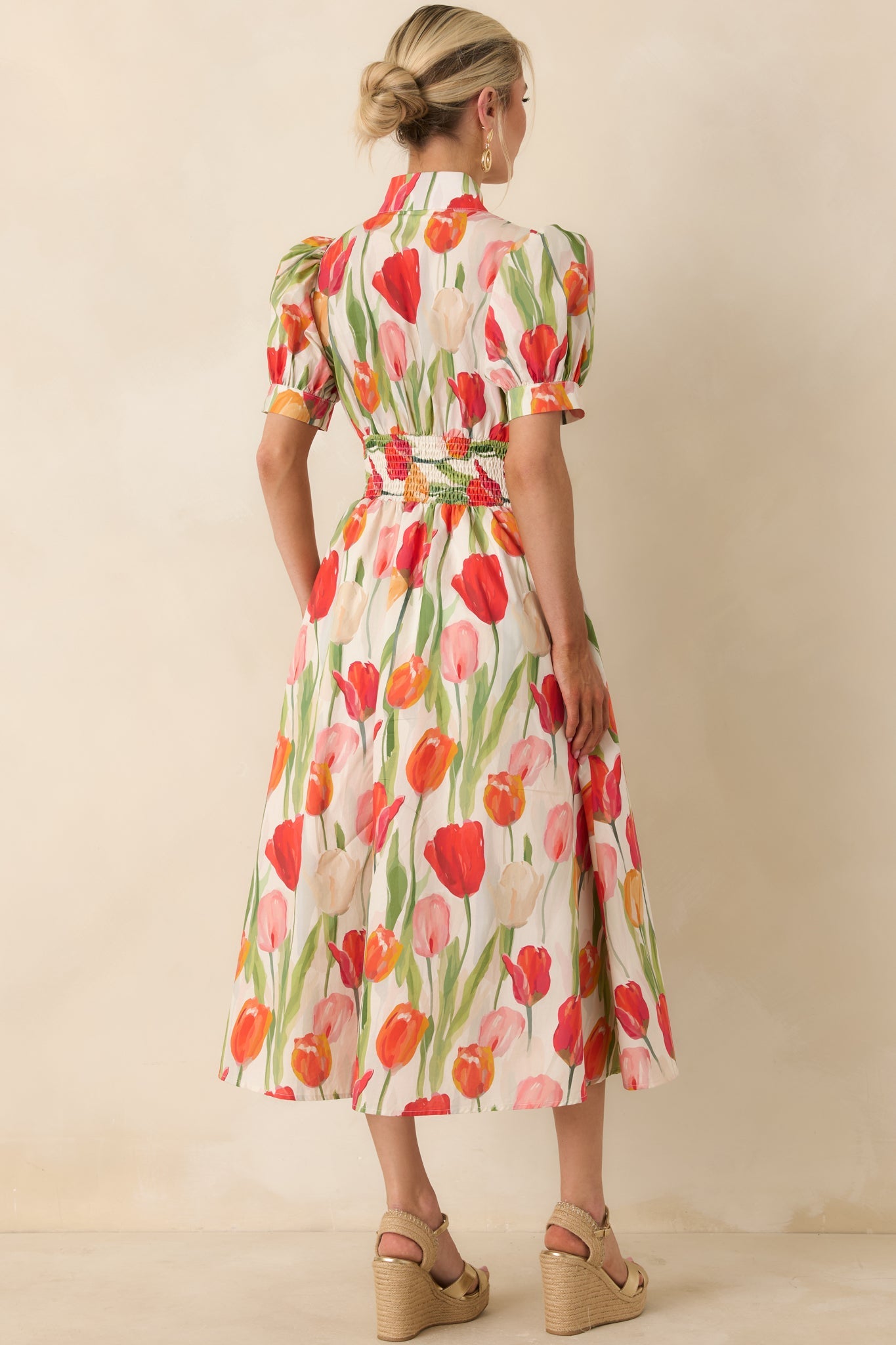 Talking Among the Tulips Ivory & Red Multi Floral Cotton Midi Dress