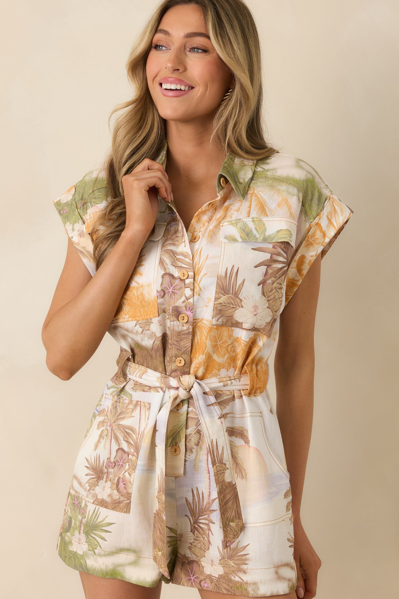Aylaya Maya Multi Tropical Beach Print Belted Romper