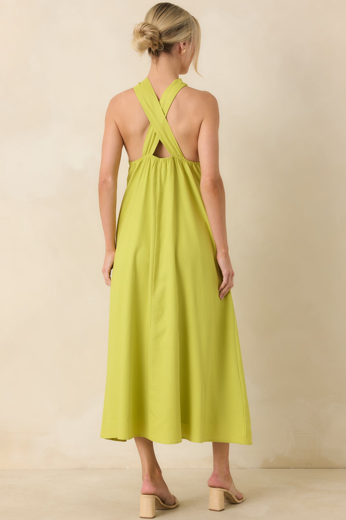 Citrus Kisses Chartreuse Linen Blend Halter Midi Dress
