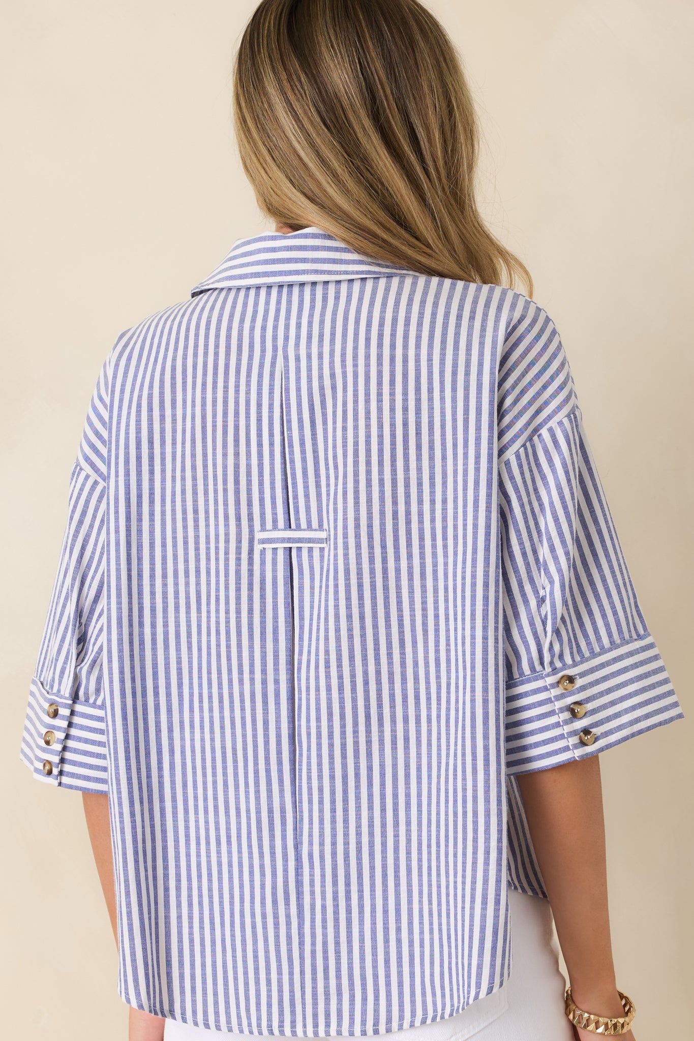 Leading Lines Blue Stripe Collared V-Neck Blouse