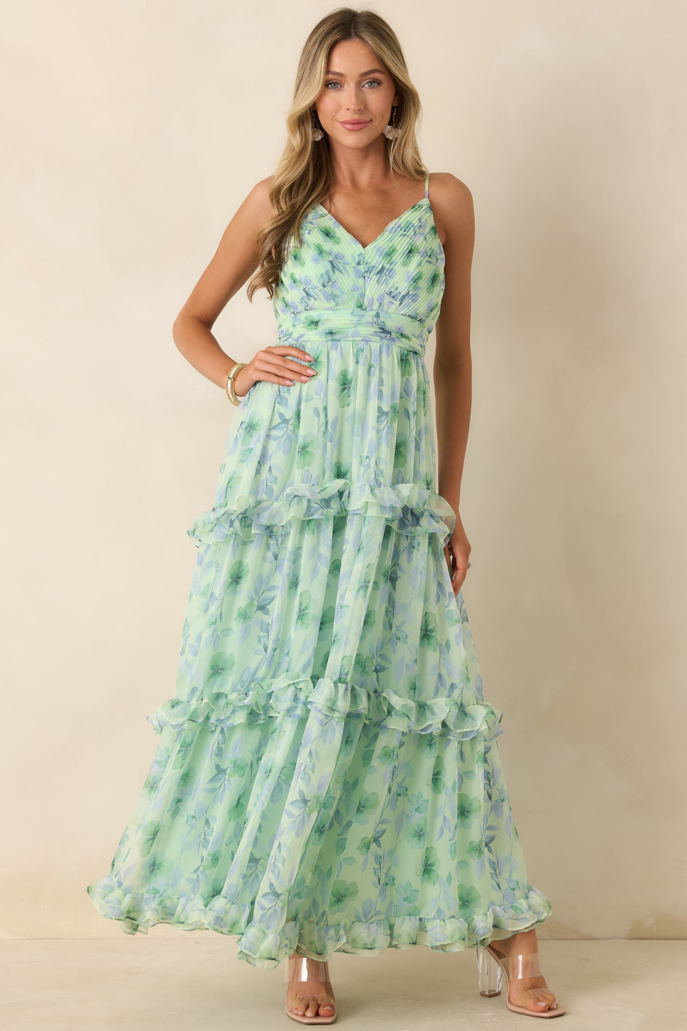 ASTR The Label Ayanna Green Floral Ruffle Maxi Dress