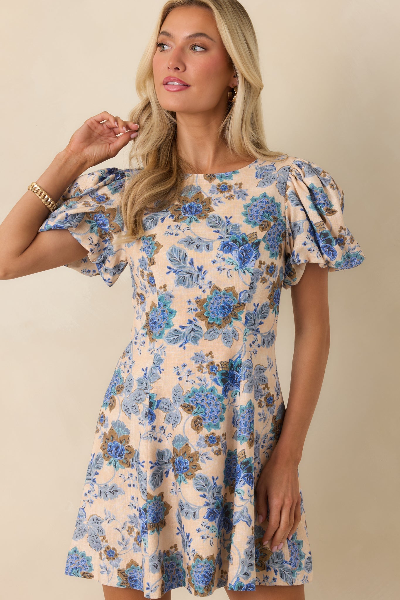 MINKPINK Lucia Blue Floral Puff Sleeve Mini Dress
