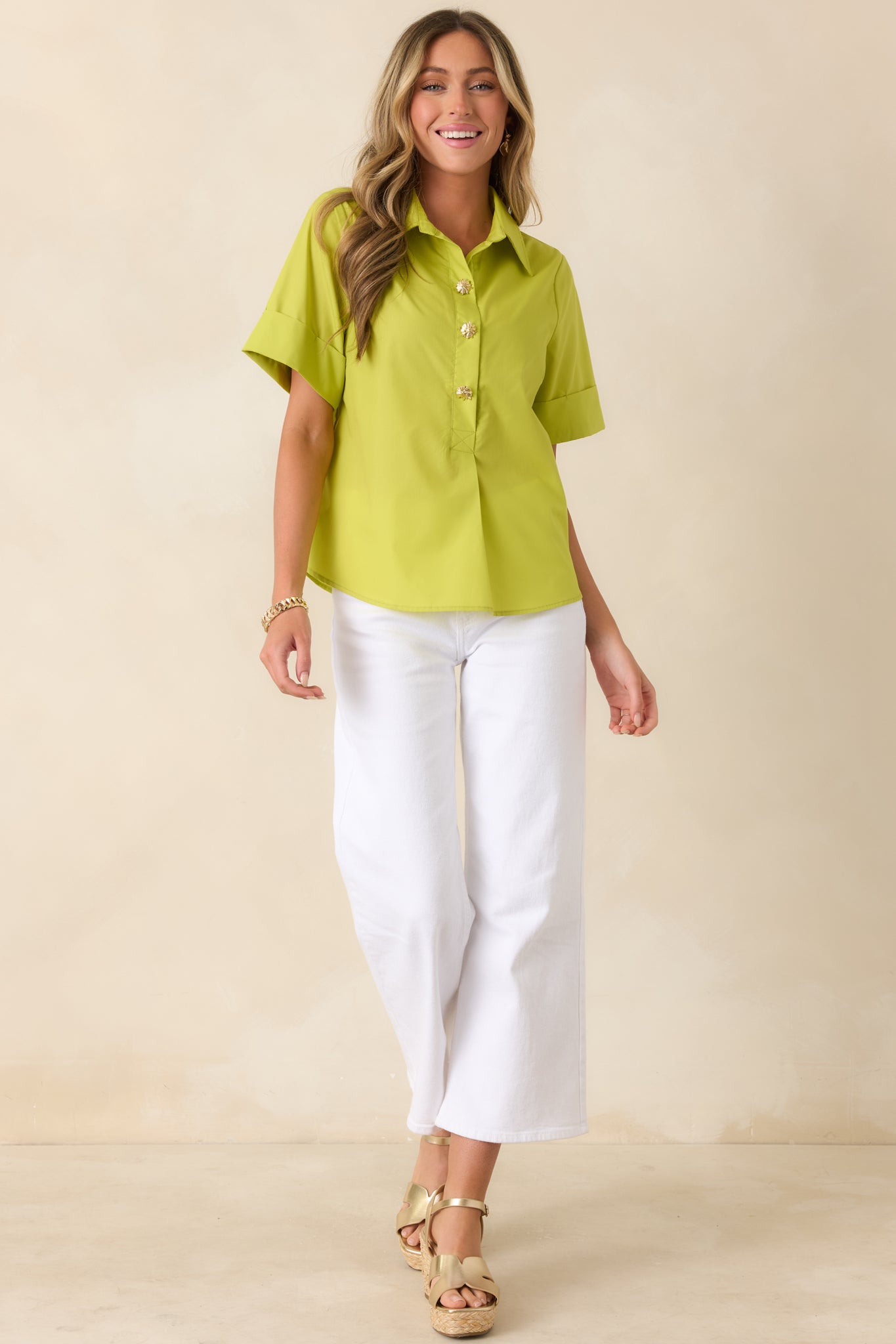 Let's Get It Done Chartreuse Green Boxy Collared Blouse
