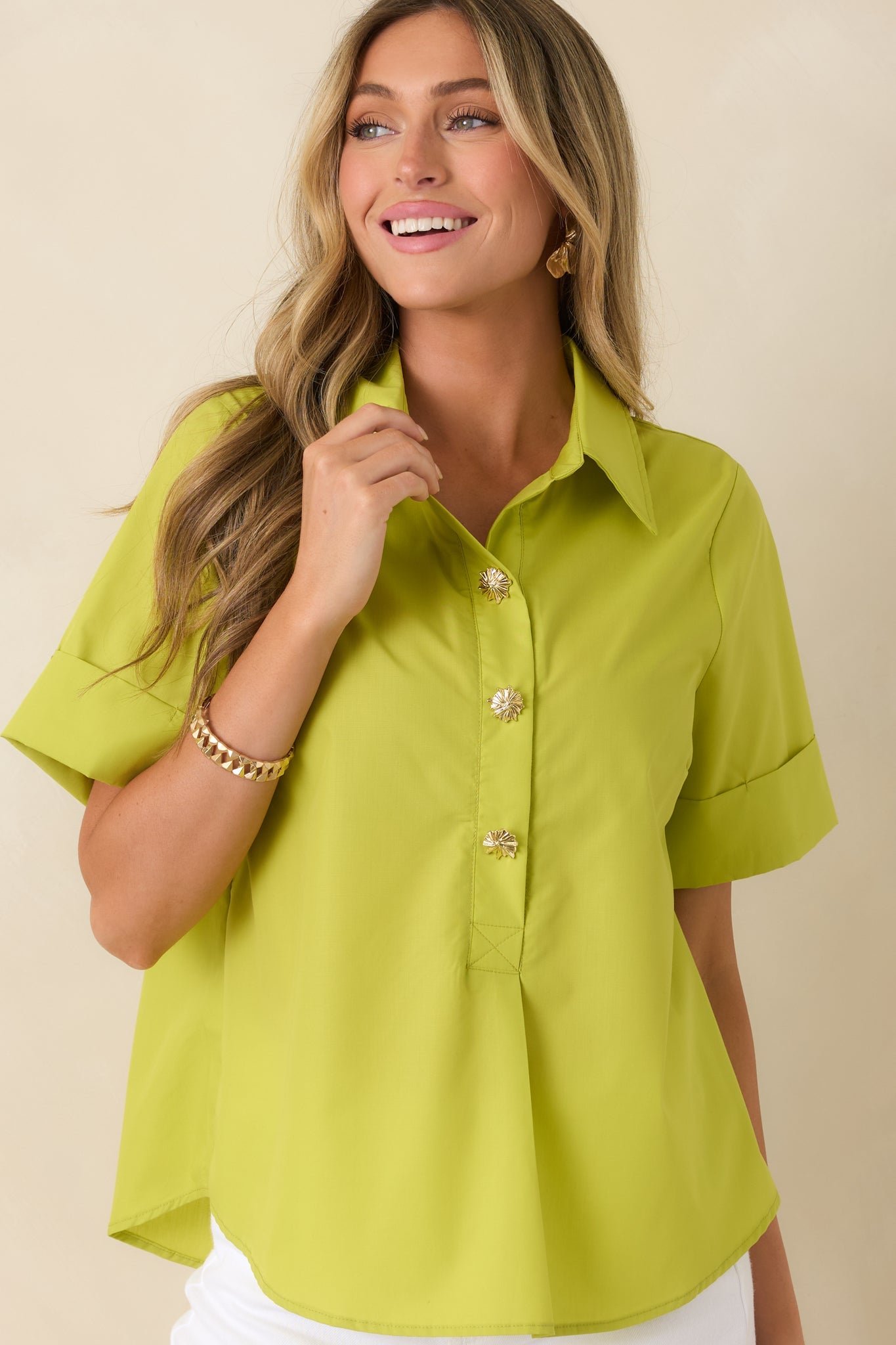 Let's Get It Done Chartreuse Green Boxy Collared Blouse