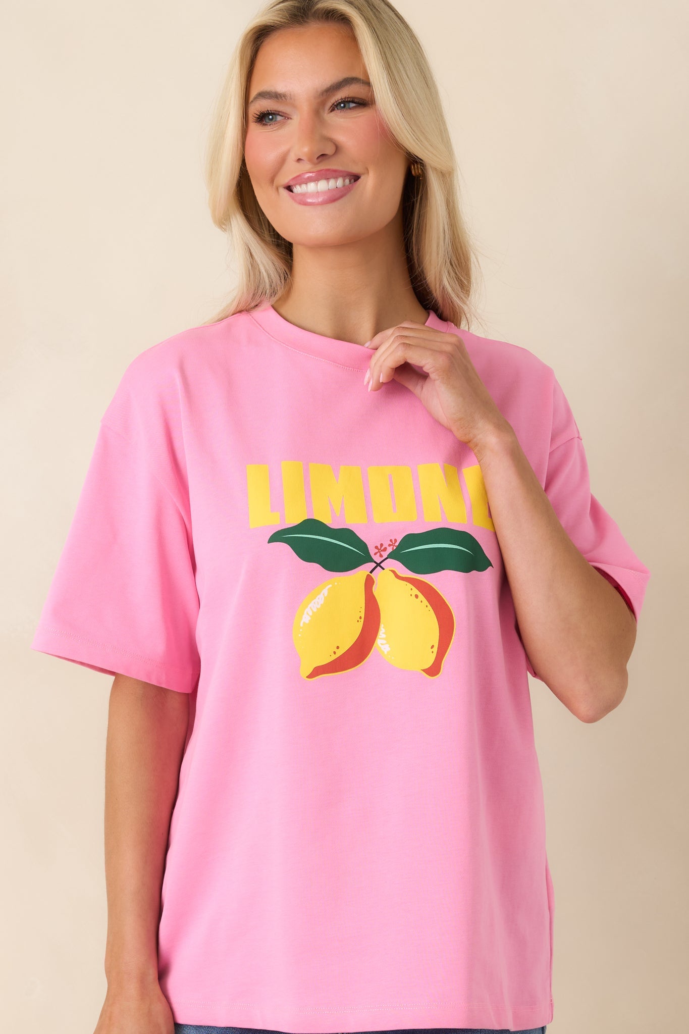 MINKPINK Limone Pink Citrus Print Relaxed Oversized Cotton Tee