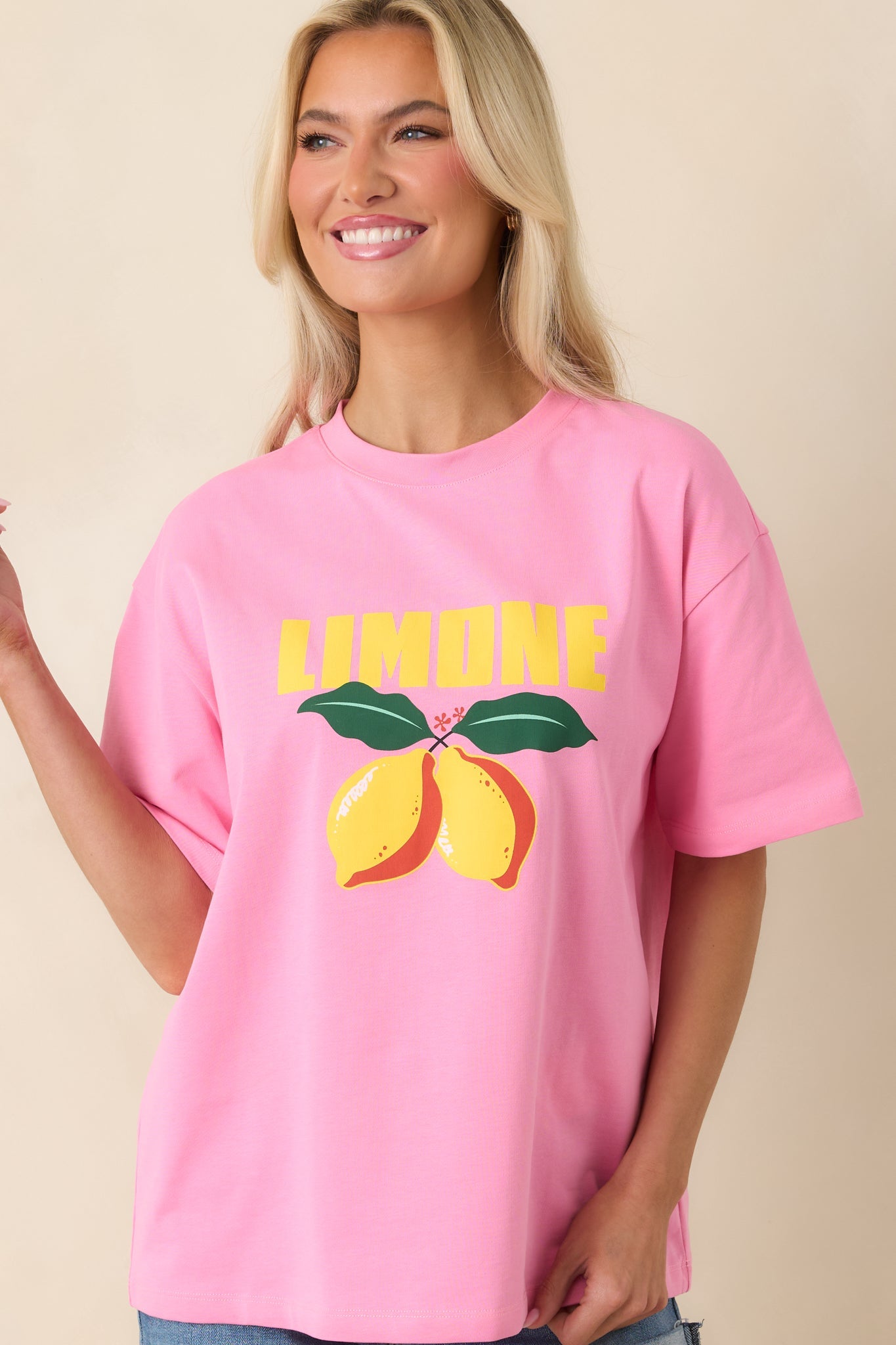 MINKPINK Limone Pink Citrus Print Relaxed Oversized Cotton Tee