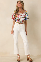 Painted Garden Ivory Multi Floral Cotton Puff Sleeve Top