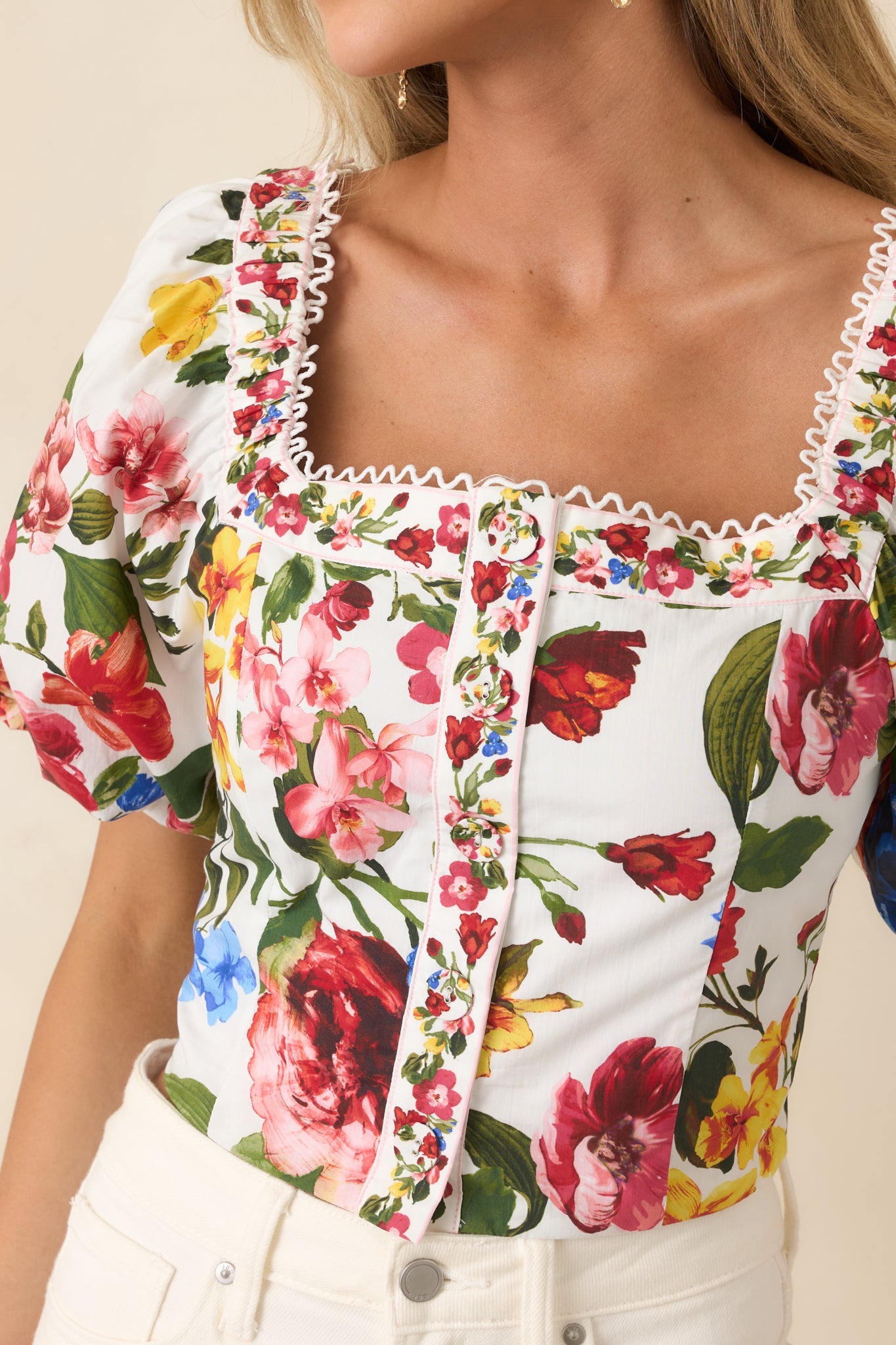 Painted Garden Ivory Multi Floral Cotton Puff Sleeve Top