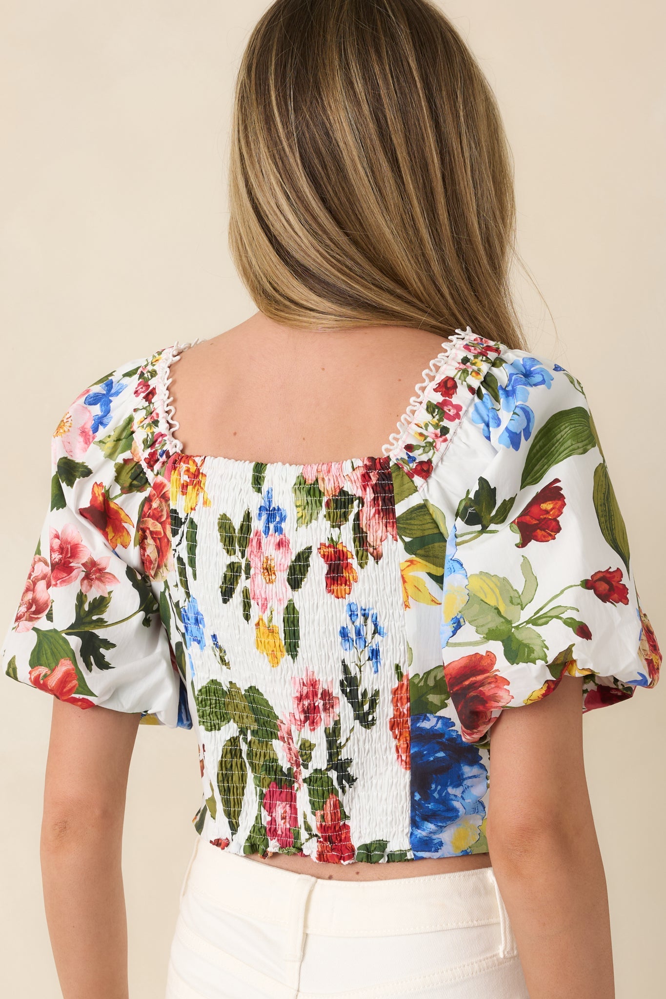 Painted Garden Ivory Multi Floral Cotton Puff Sleeve Top