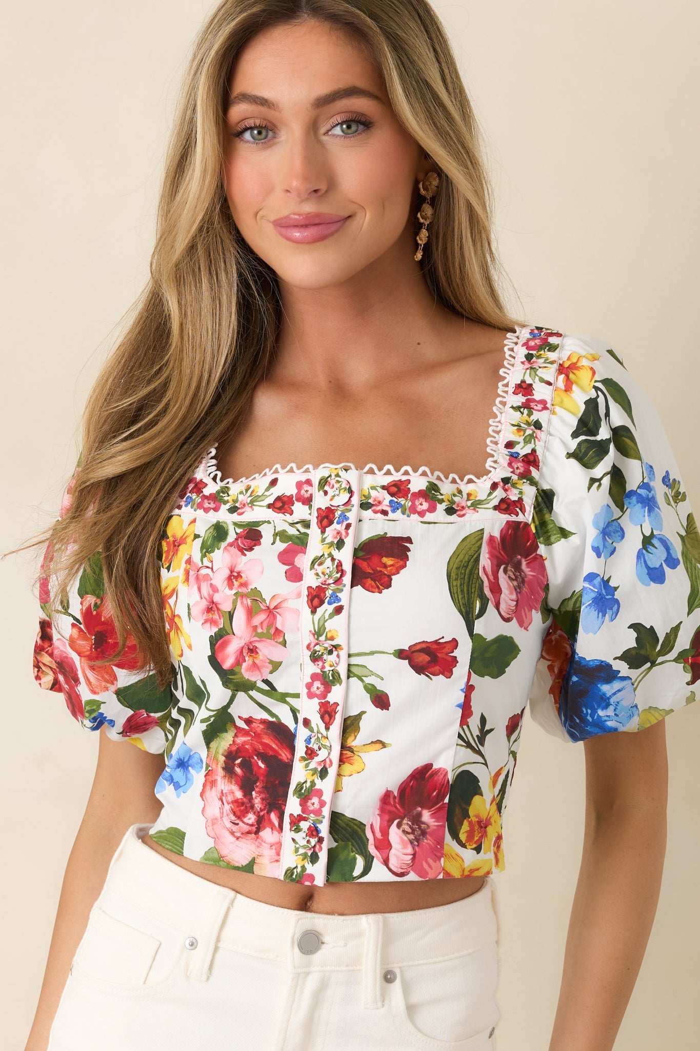 Painted Garden Ivory Multi Floral Cotton Puff Sleeve Top
