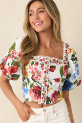 Painted Garden Ivory Multi Floral Cotton Puff Sleeve Top