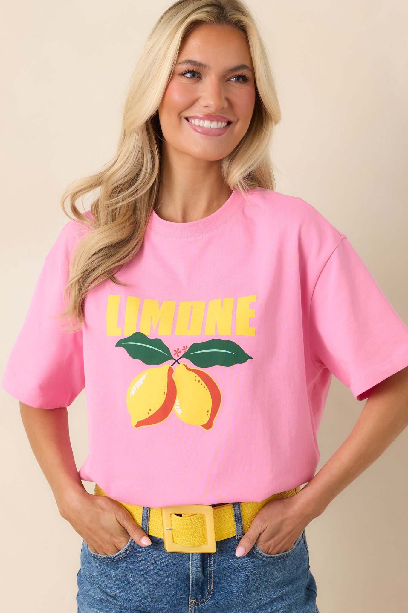 MINKPINK Limone Pink Citrus Print Relaxed Oversized Cotton Tee