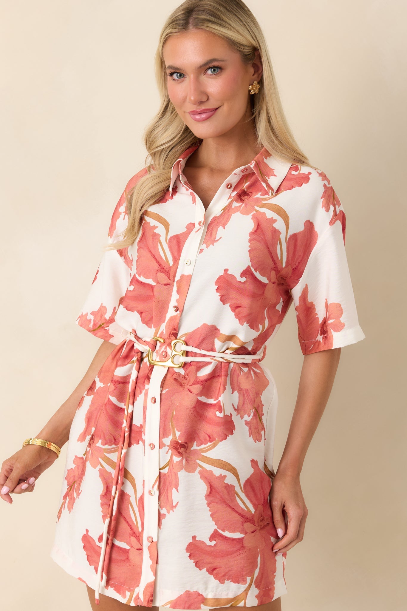 MINKPINK Isla Peach Hibiscus Mini Shirt Dress