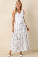 Once Upon a Daydream Blue & Ivory Floral Toile Cotton Maxi Skirt