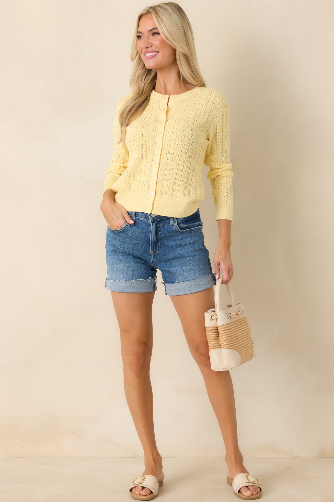 Hello Sunshine Butter Yellow Pointelle Knit Cardigan