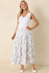 Once Upon a Daydream Blue & Ivory Floral Toile Cotton Maxi Skirt