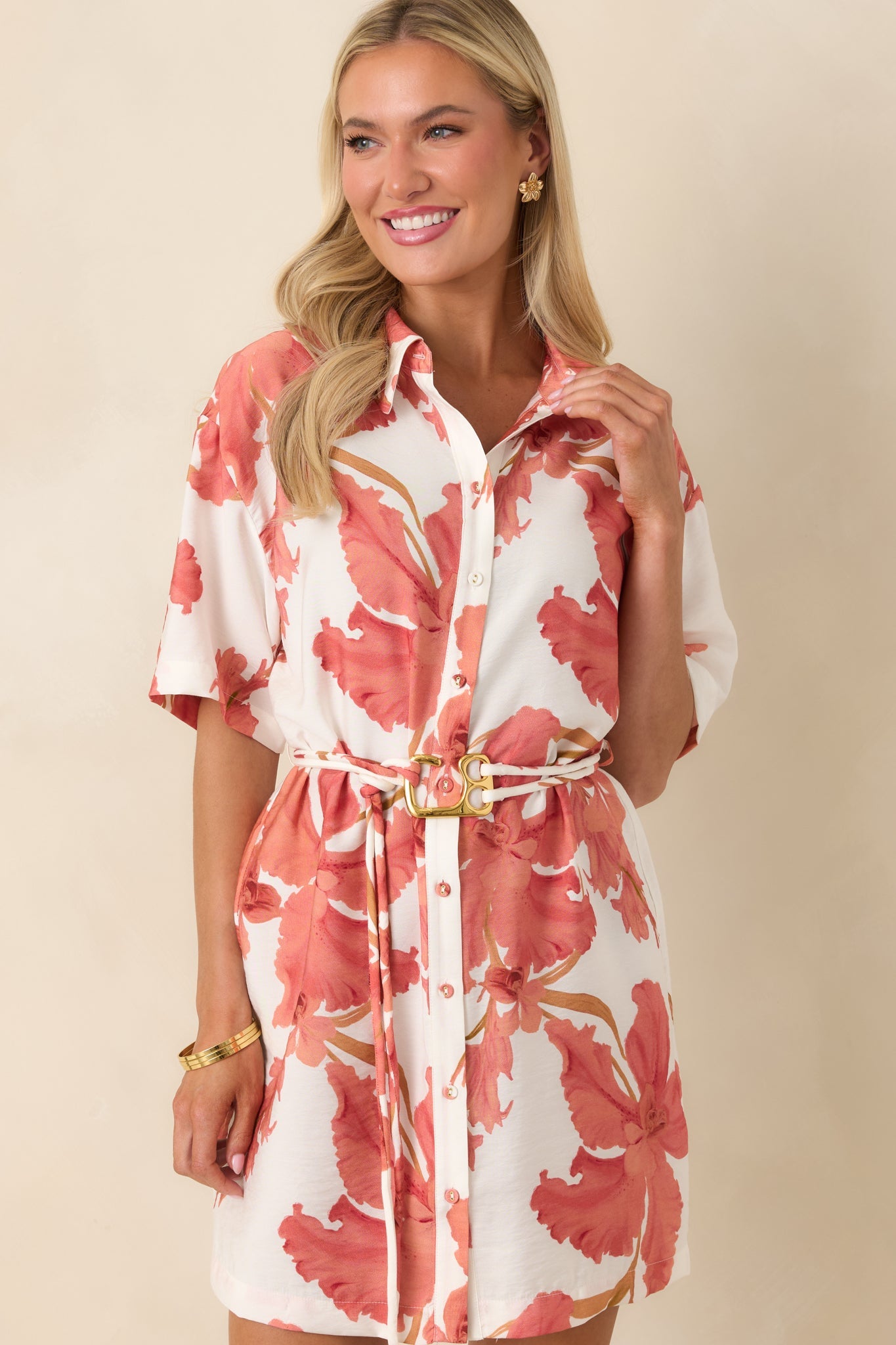 MINKPINK Isla Peach Hibiscus Mini Shirt Dress