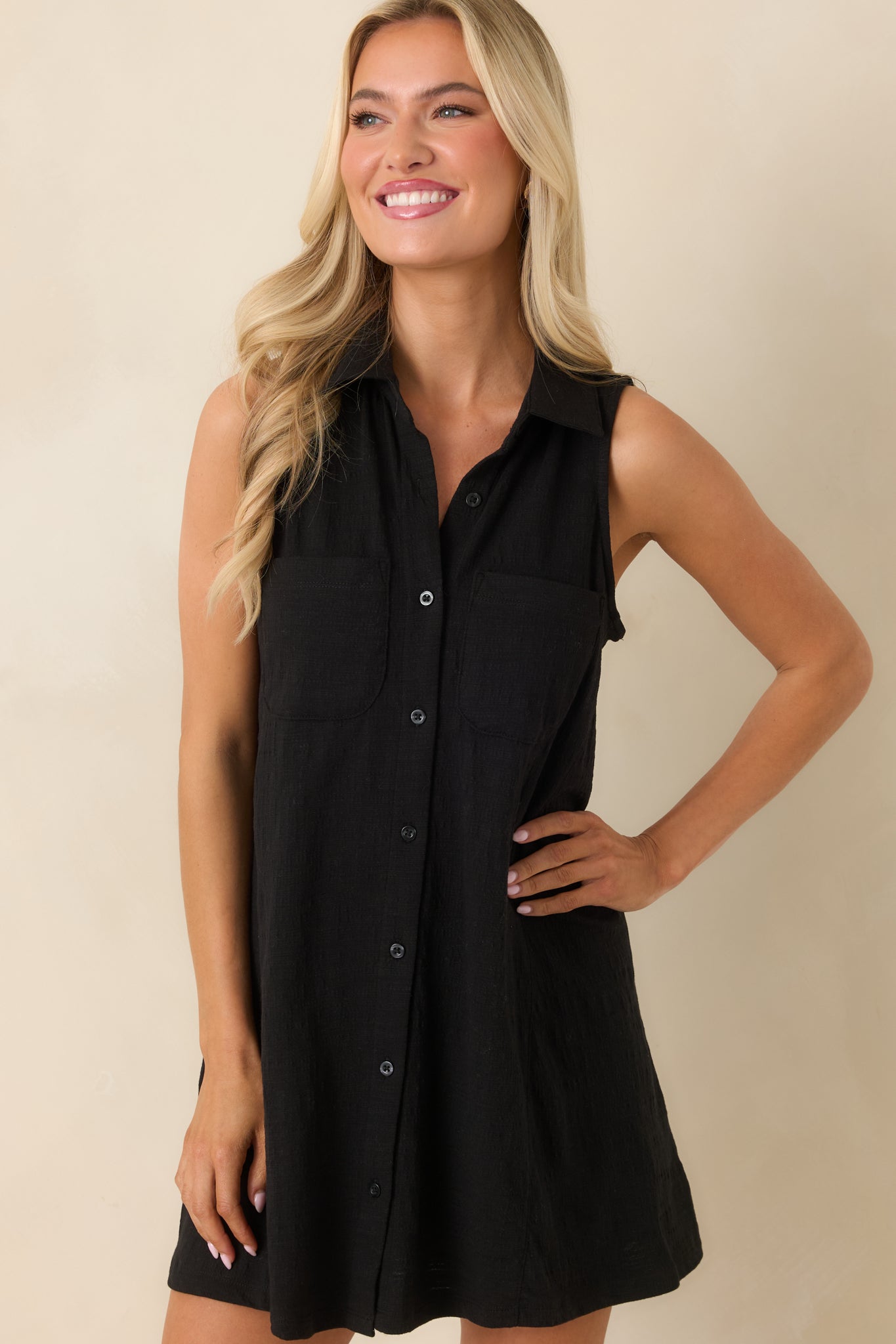 Z Supply New Light Black Textured Shirt Mini Dress