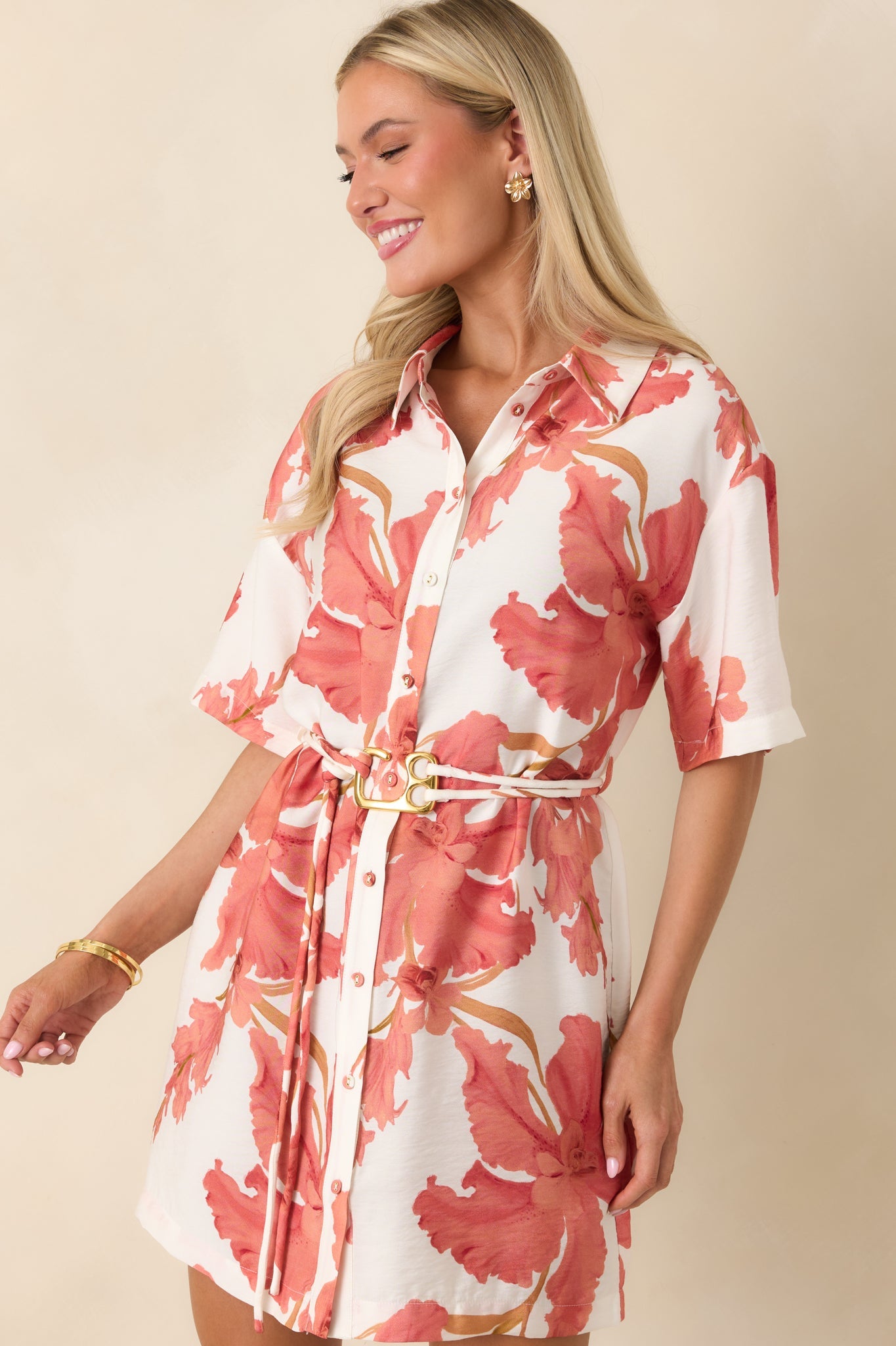 MINKPINK Isla Peach Hibiscus Mini Shirt Dress