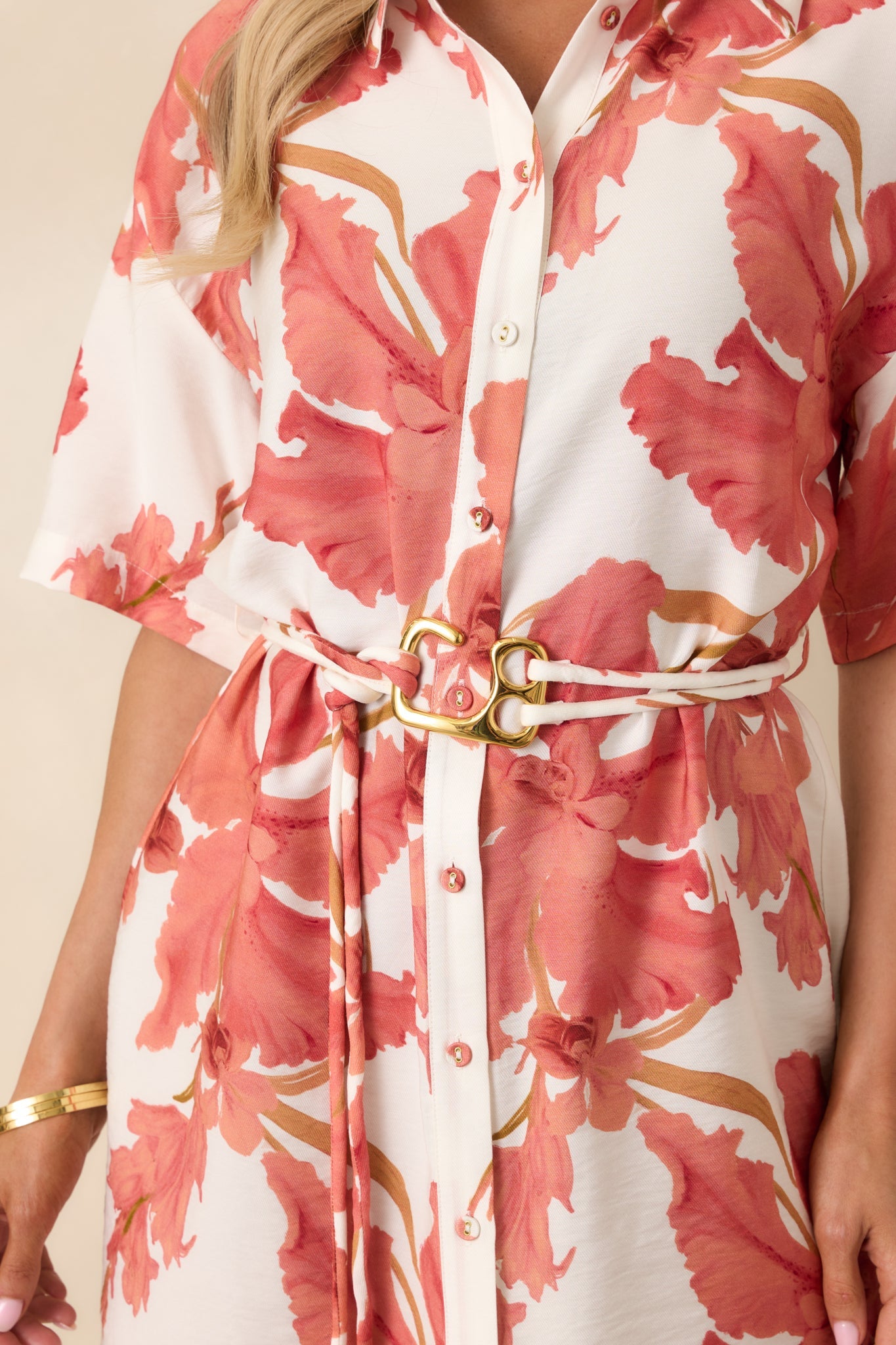 MINKPINK Isla Peach Hibiscus Mini Shirt Dress