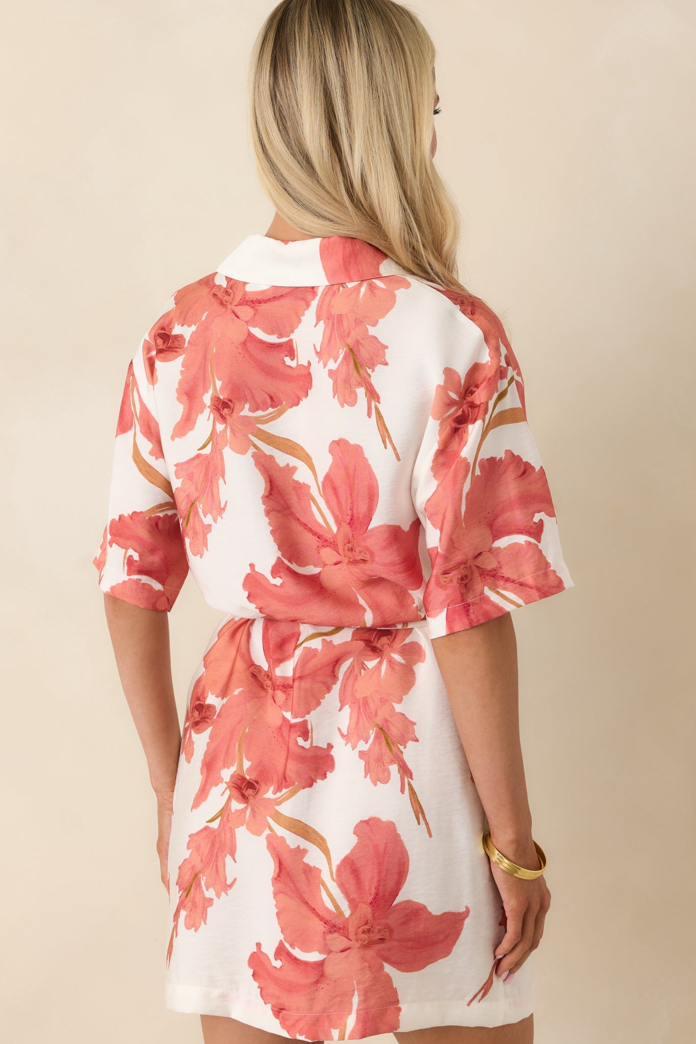 MINKPINK Isla Peach Hibiscus Mini Shirt Dress