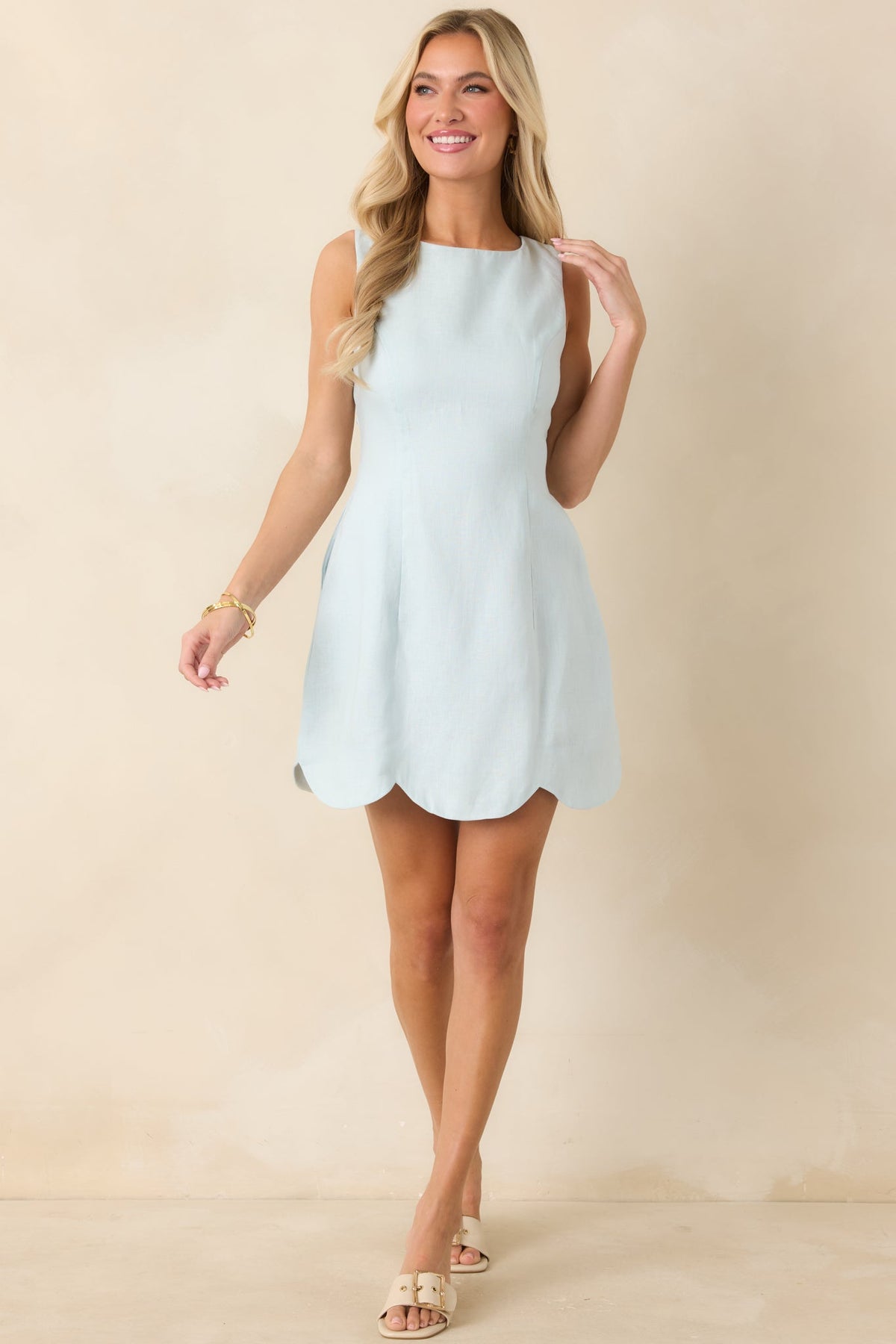 Sweet Deal Light Blue Linen Scalloped Hem Mini Dress