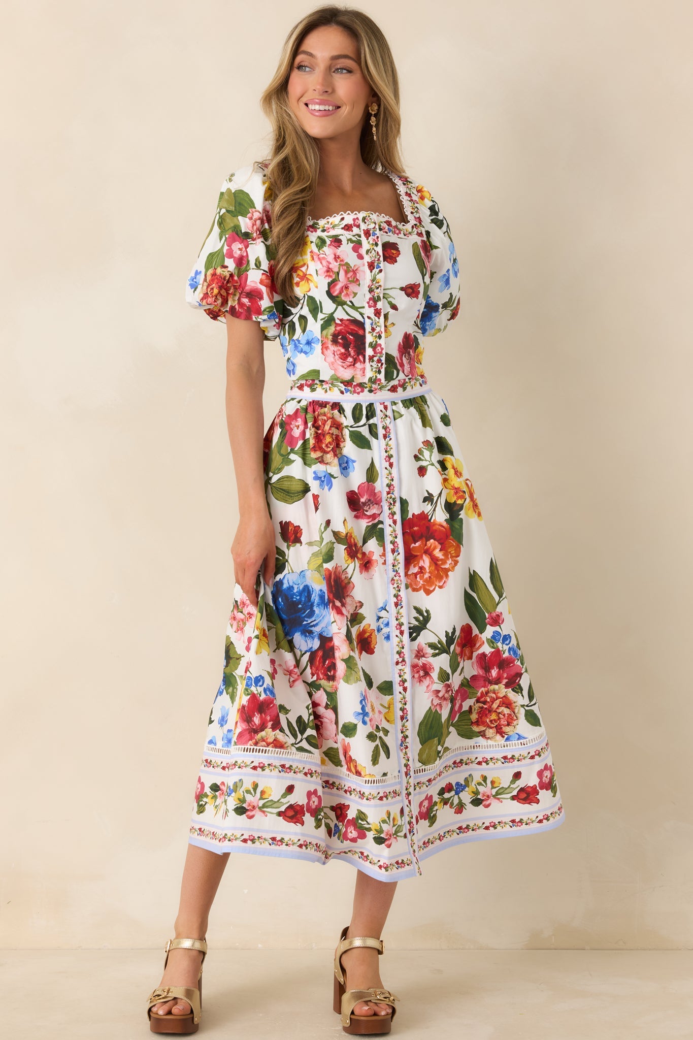 Painted Garden Ivory Multi Floral Cotton Puff Sleeve Top