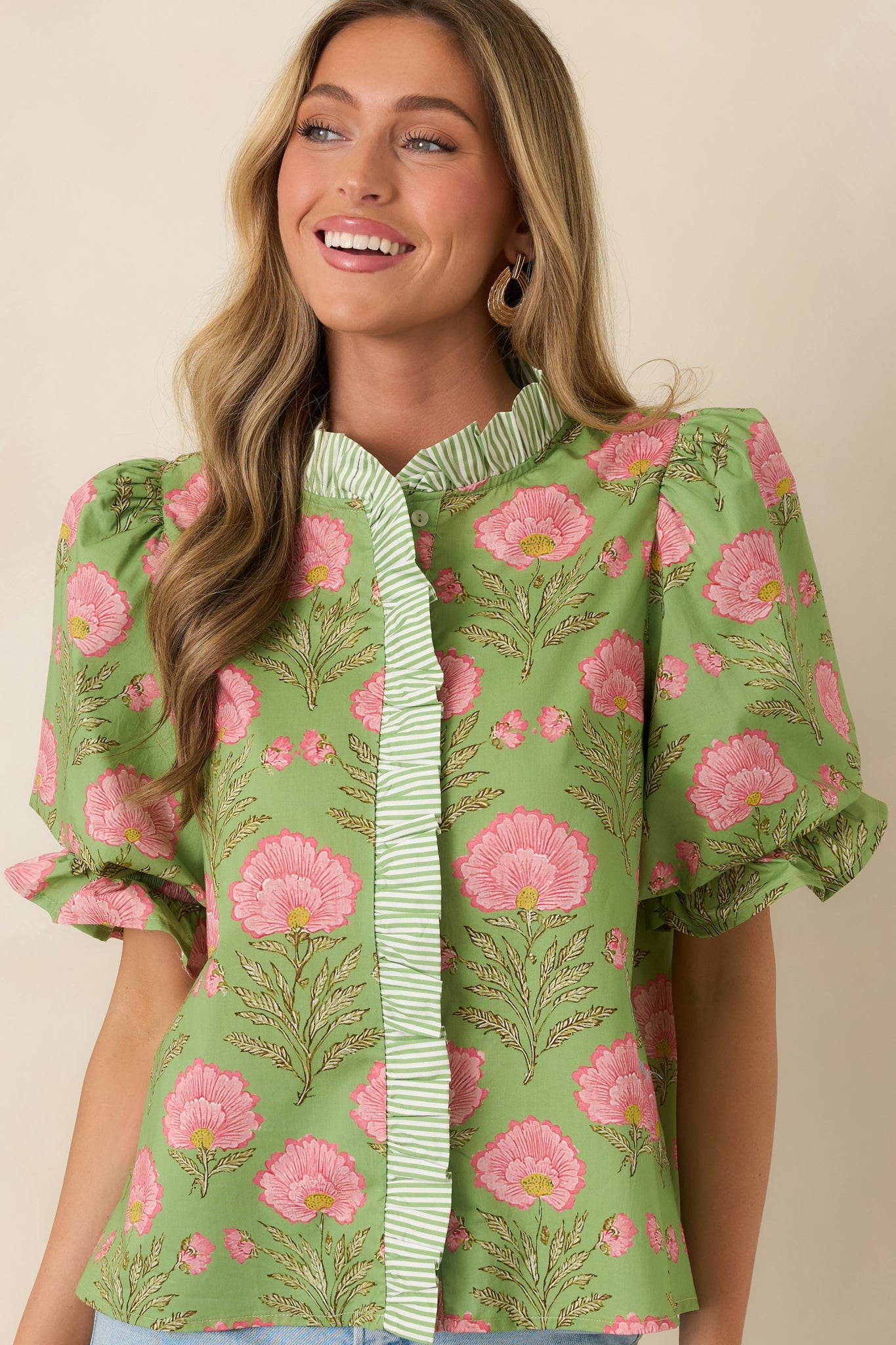 Meadow Morning Green & Pink Floral Print Puff Sleeve Top