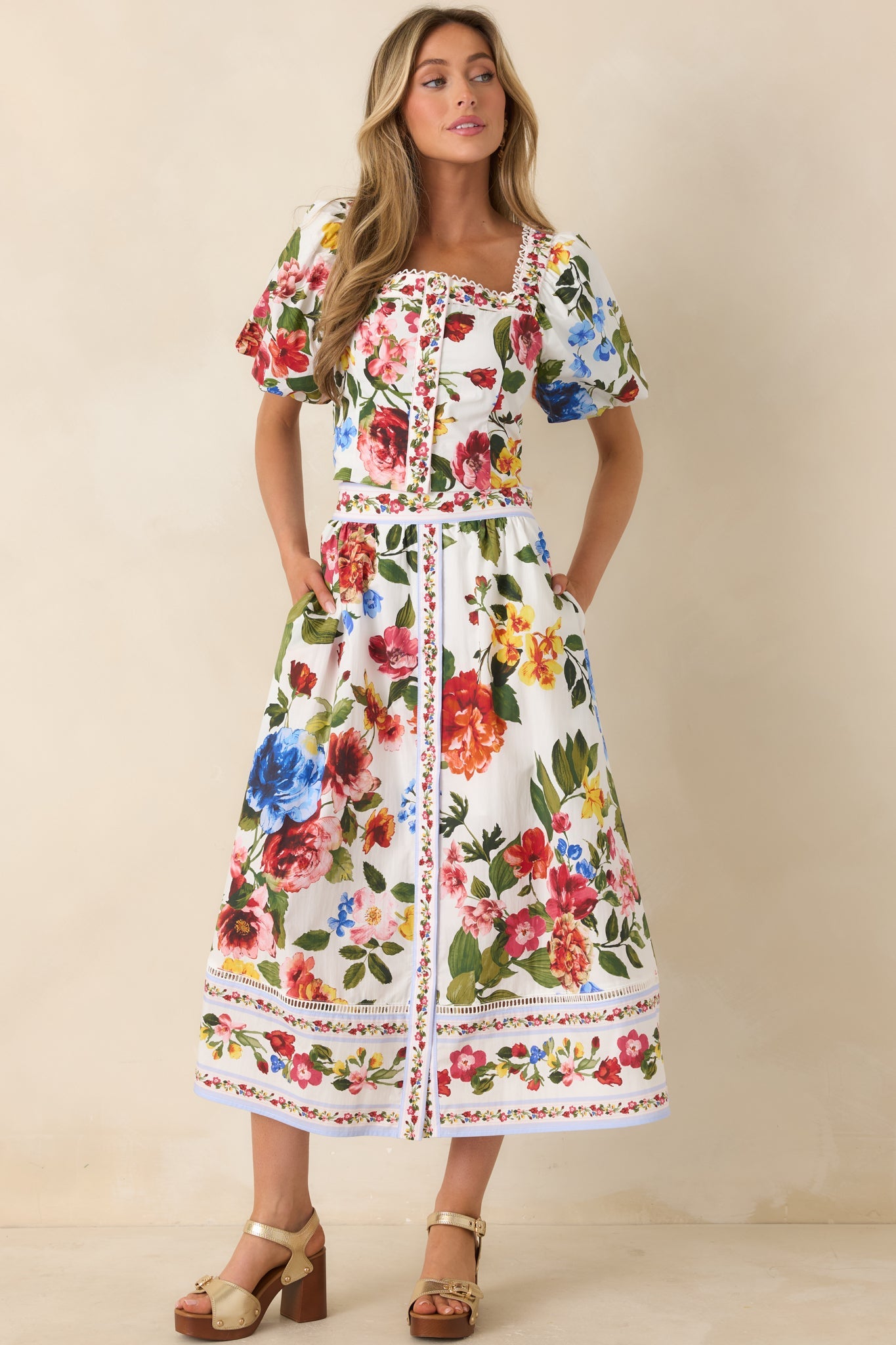 Painted Garden Ivory Multi Floral Cotton Puff Sleeve Top
