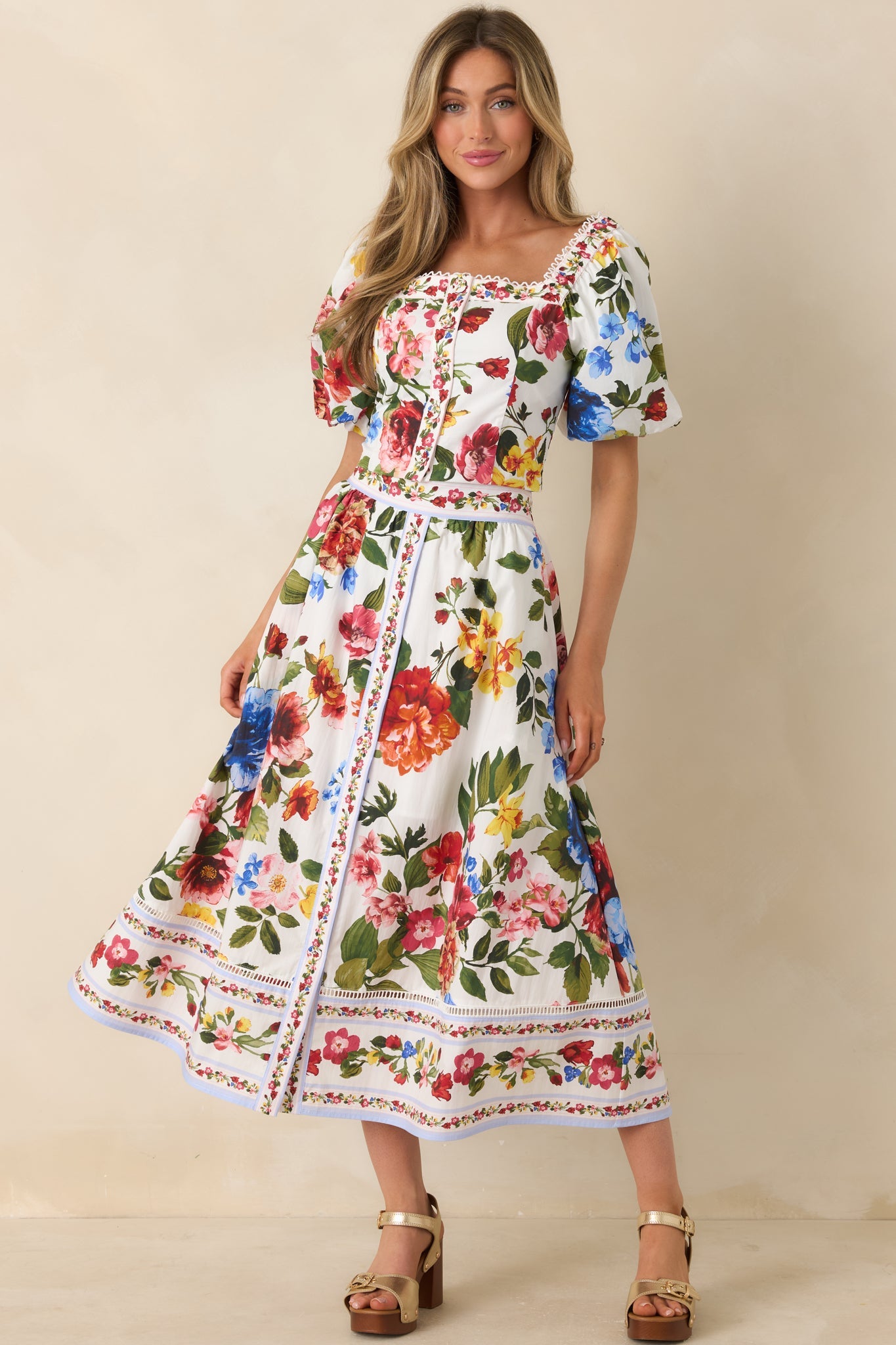 Painted Garden Ivory Multi Floral Cotton Midi Skirt