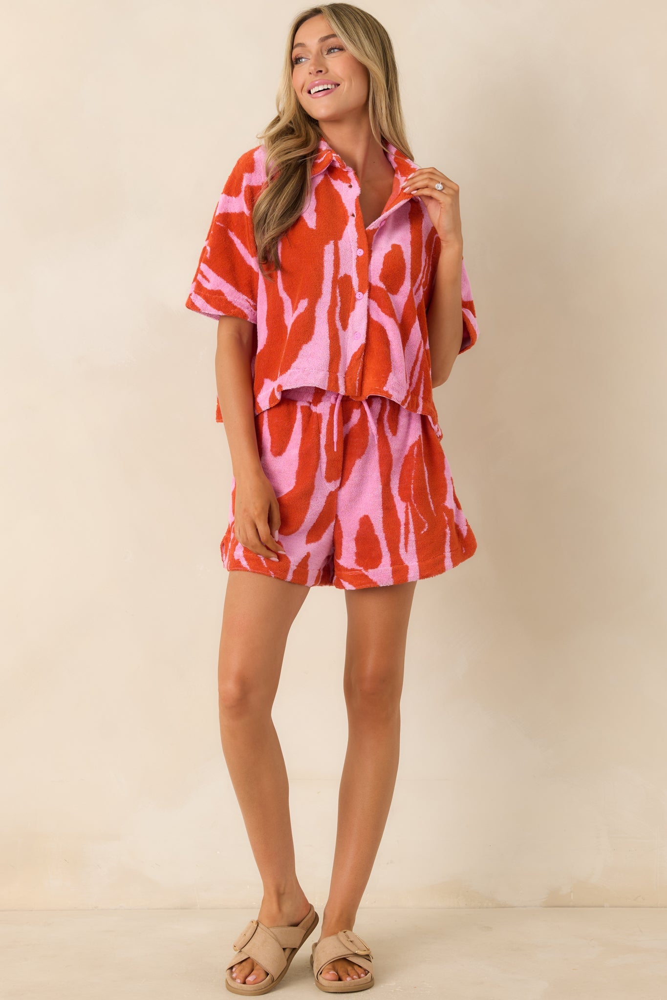 FRNCH Danubea Light Pink & Poppy Red Floral Button Front Shirt