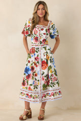 Painted Garden Ivory Multi Floral Cotton Midi Skirt