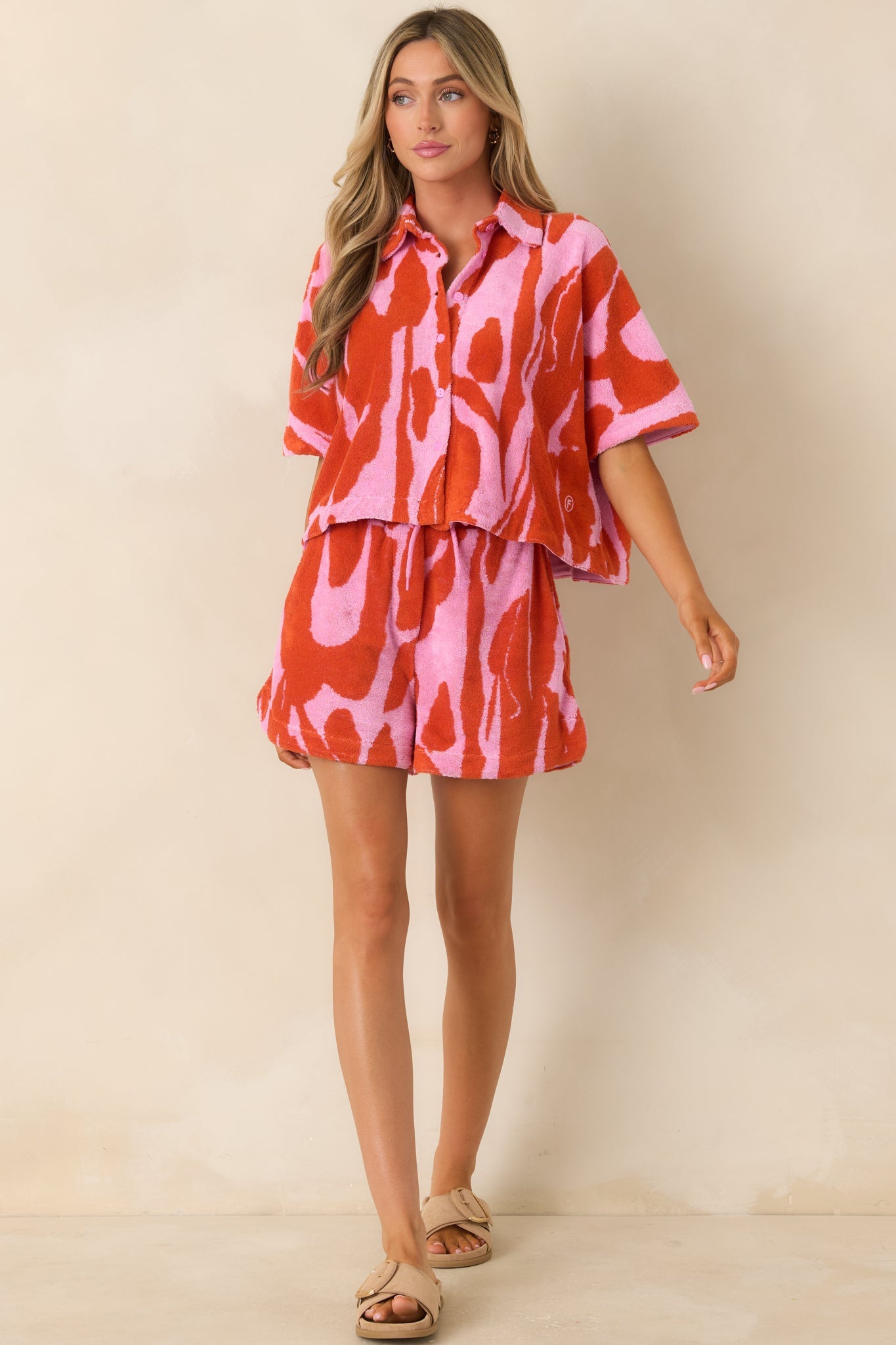 FRNCH Danubea Light Pink & Poppy Red Floral Button Front Shirt