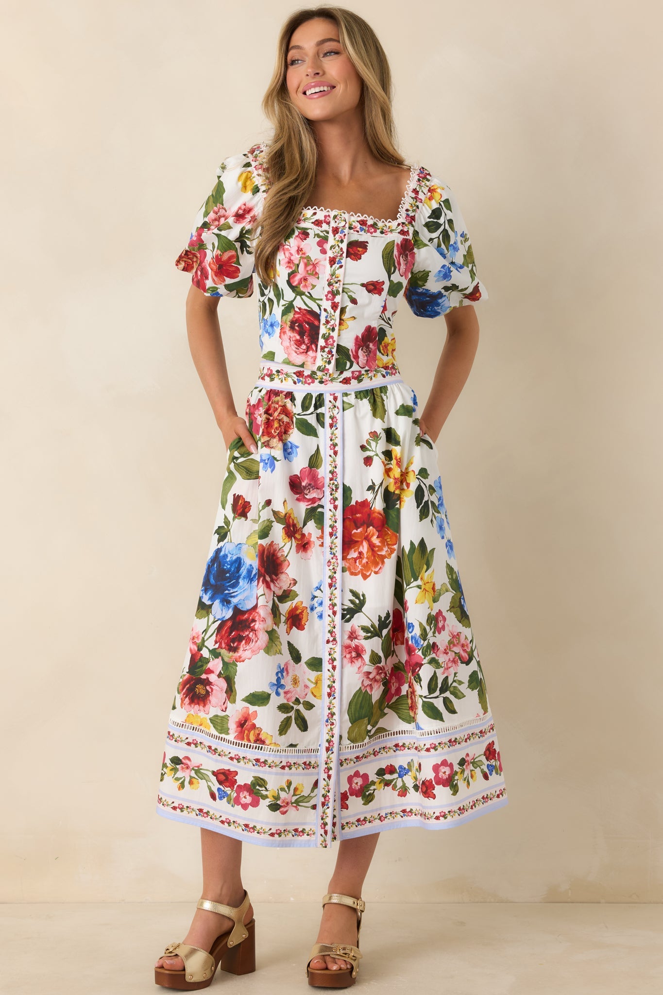 Painted Garden Ivory Multi Floral Cotton Midi Skirt